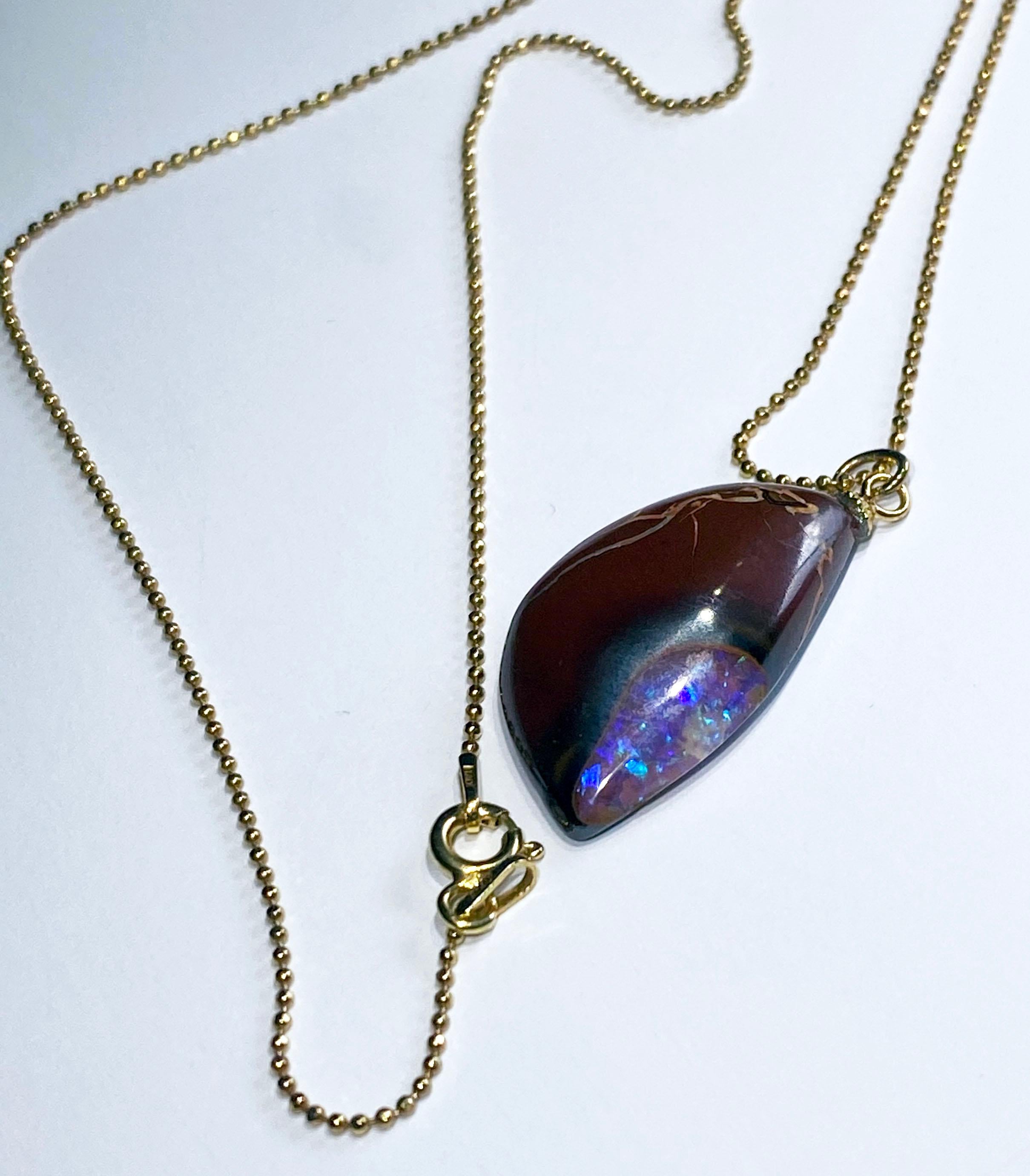 Cabochon Boulder Opal Pendant on a Gold-Plated Silver Chain For Sale