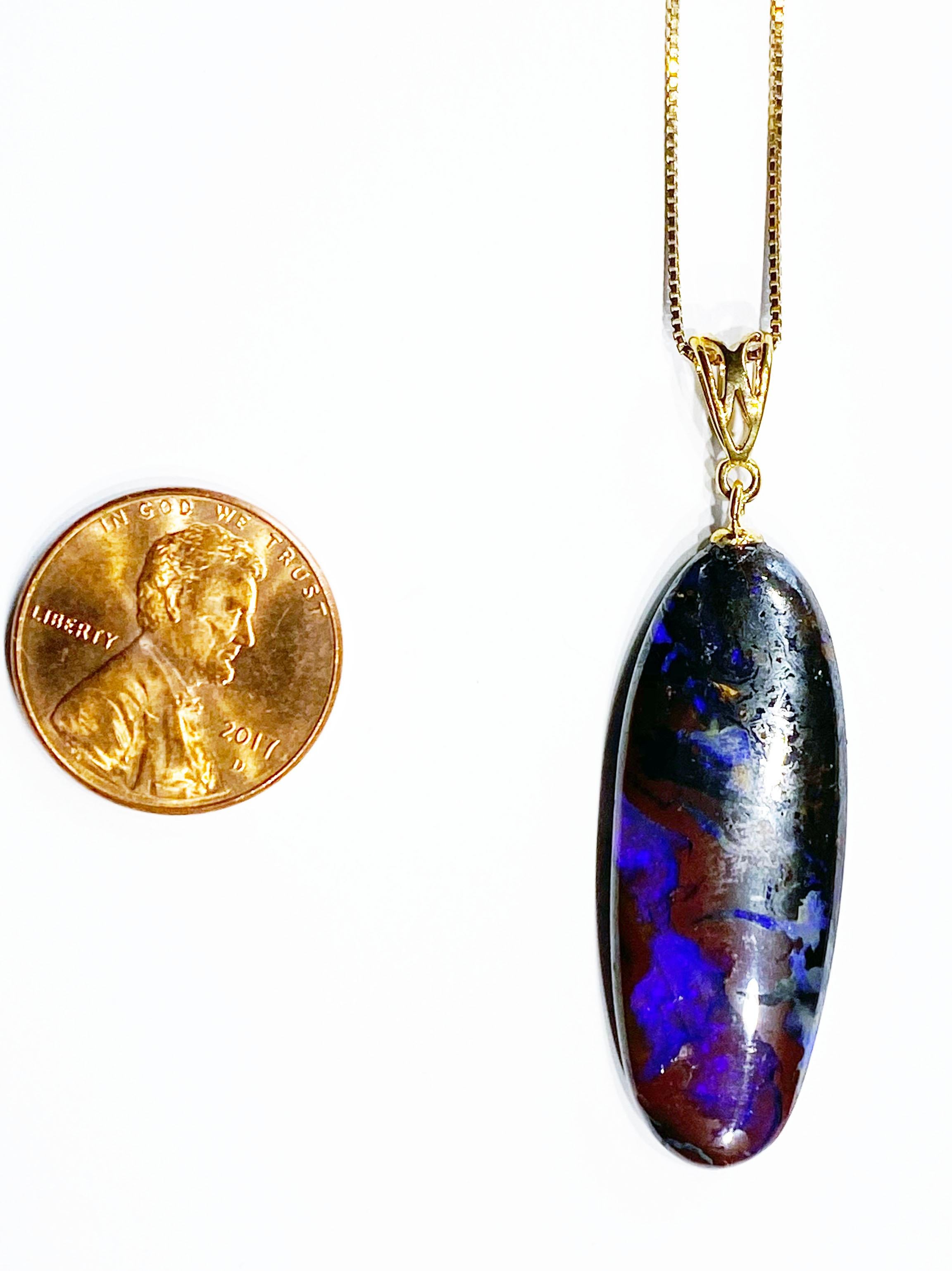 Cabochon Boulder Opal Pendant on a Gold Plated Silver Chain For Sale