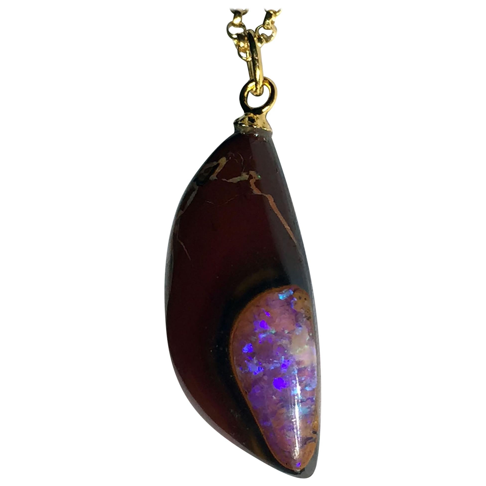Boulder Opal Pendant on a Gold-Plated Silver Chain For Sale