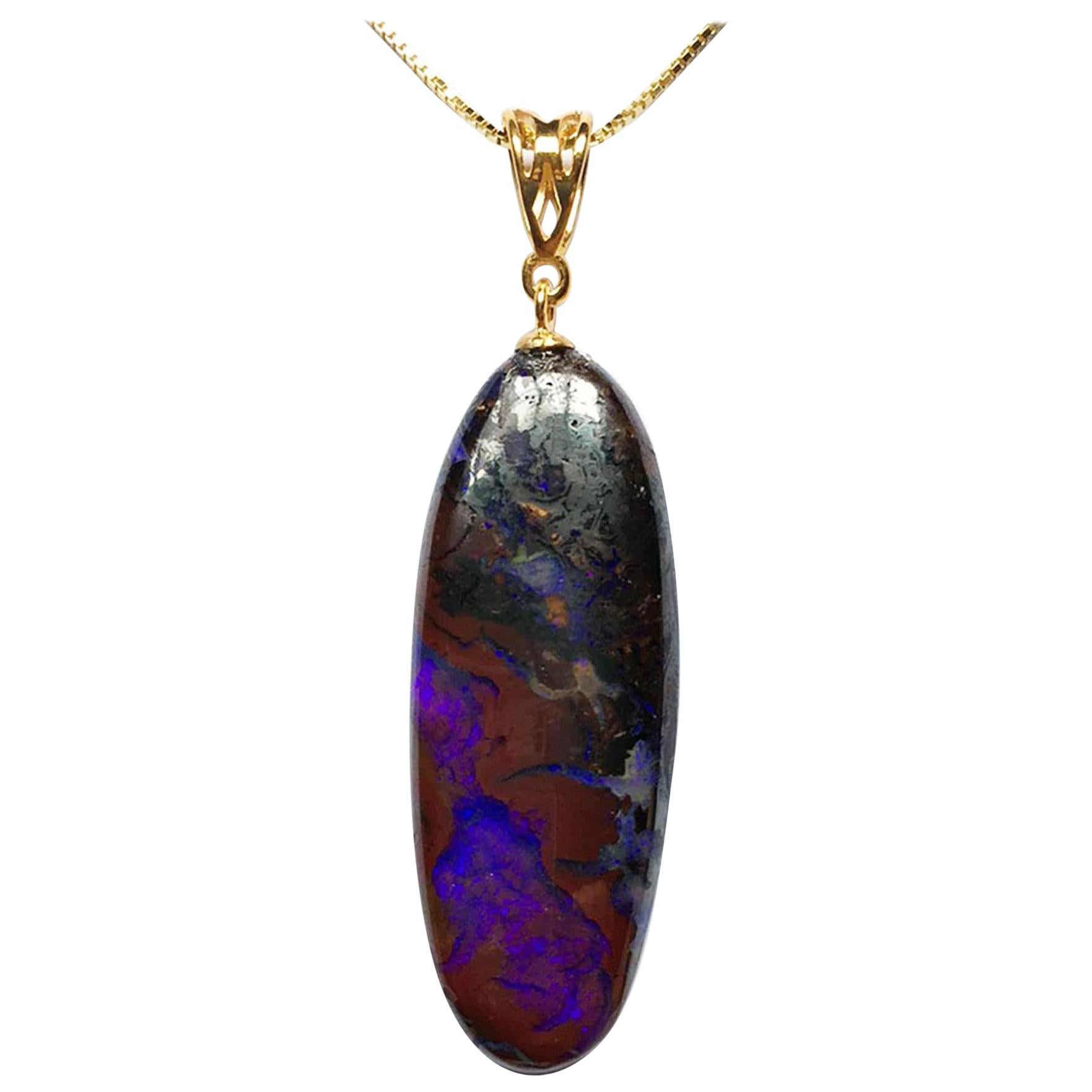 Boulder Opal Pendant on a Gold Plated Silver Chain For Sale