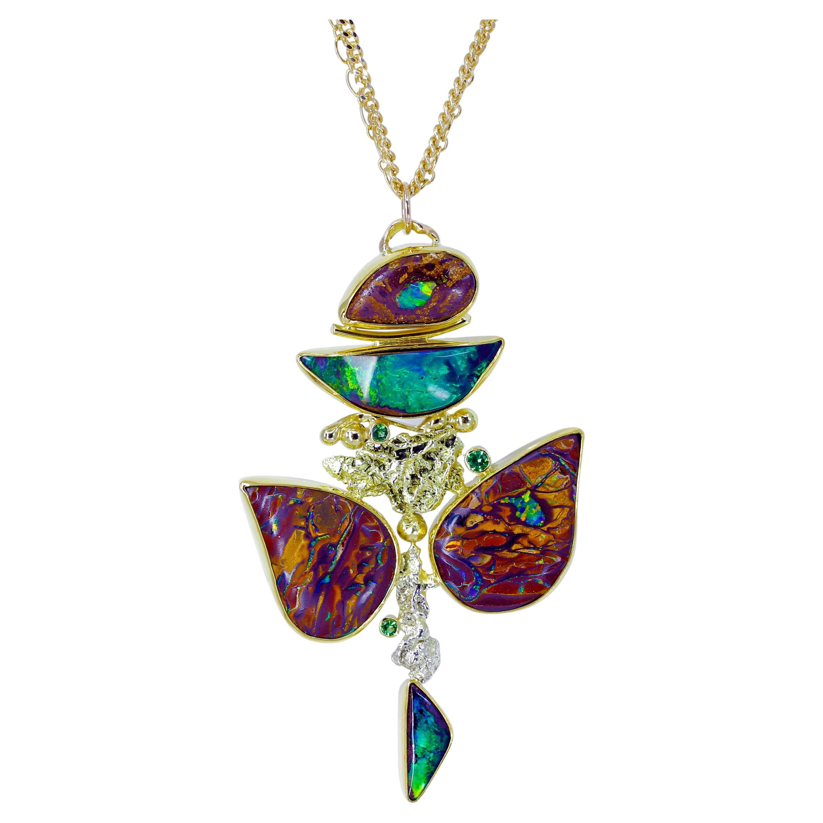 Boulder Opal Pendant Tourmaline Garnet Alaskan Gold Nuggets 22k 18k SS For Sale