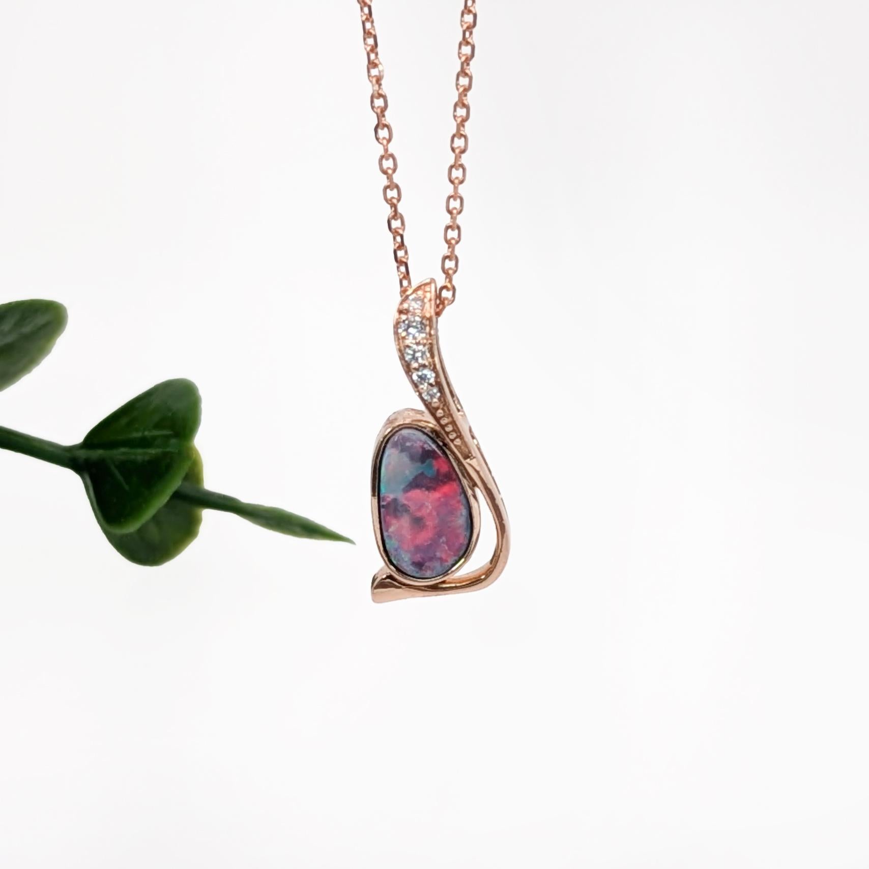 Art Nouveau Boulder Opal Pendant w Natural Diamond Accents in Solid 14K Gold  Fancy 8x4.7mm For Sale