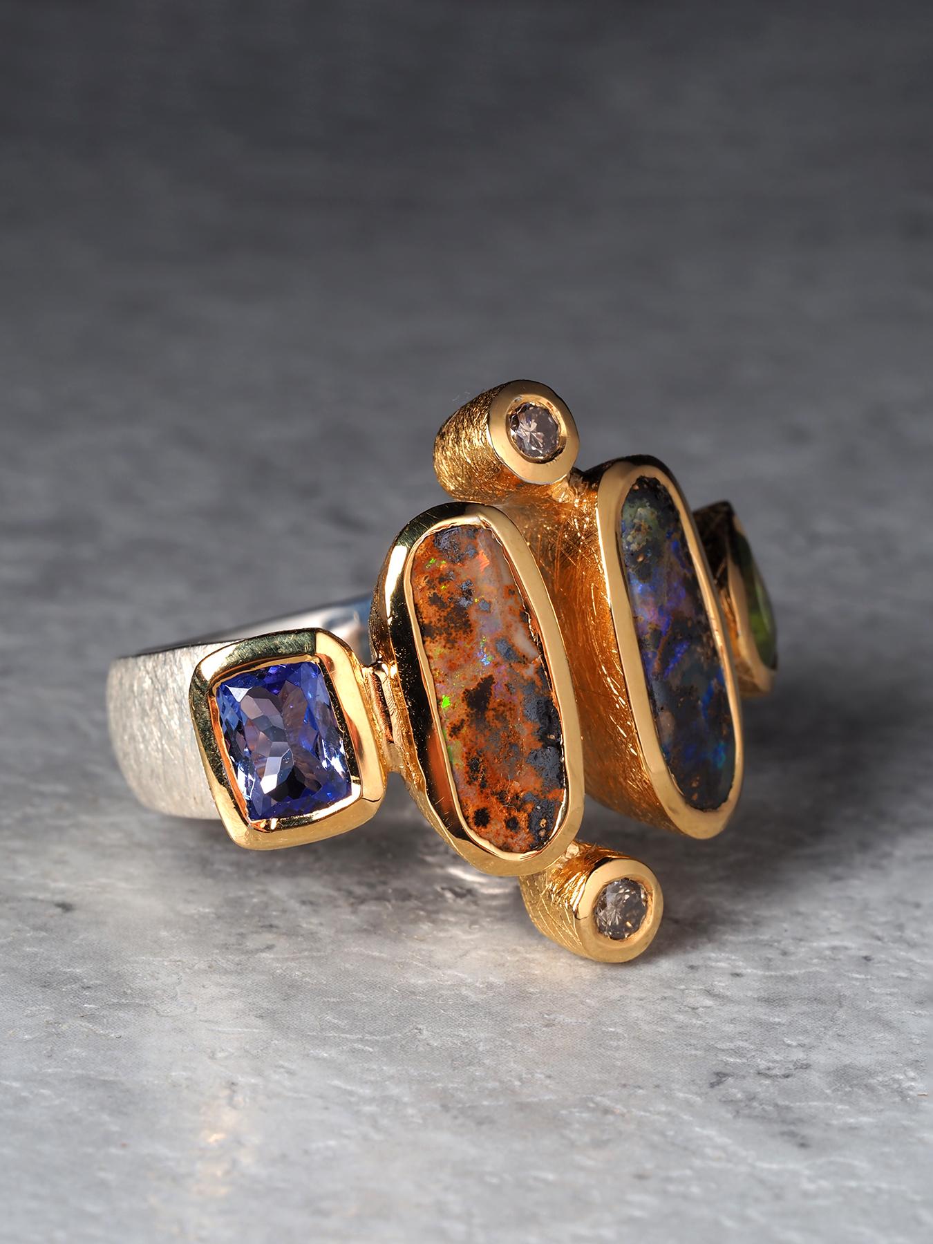 Boulder Opal Peridot Tansanit und Diamant Silber Ring Geschenk im Angebot 4