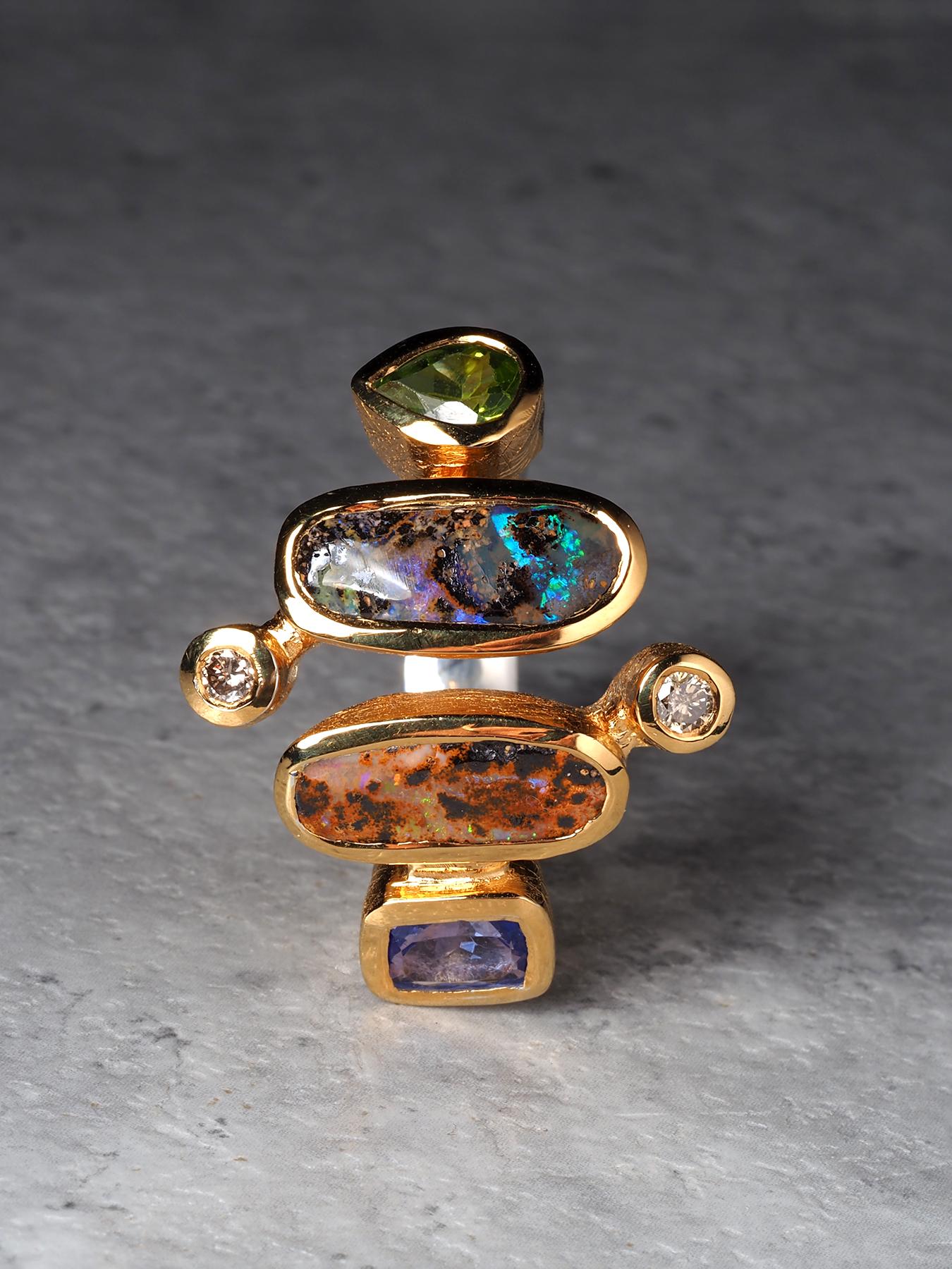 Boulder Opal Peridot Tansanit und Diamant Silber Ring Geschenk im Angebot 5