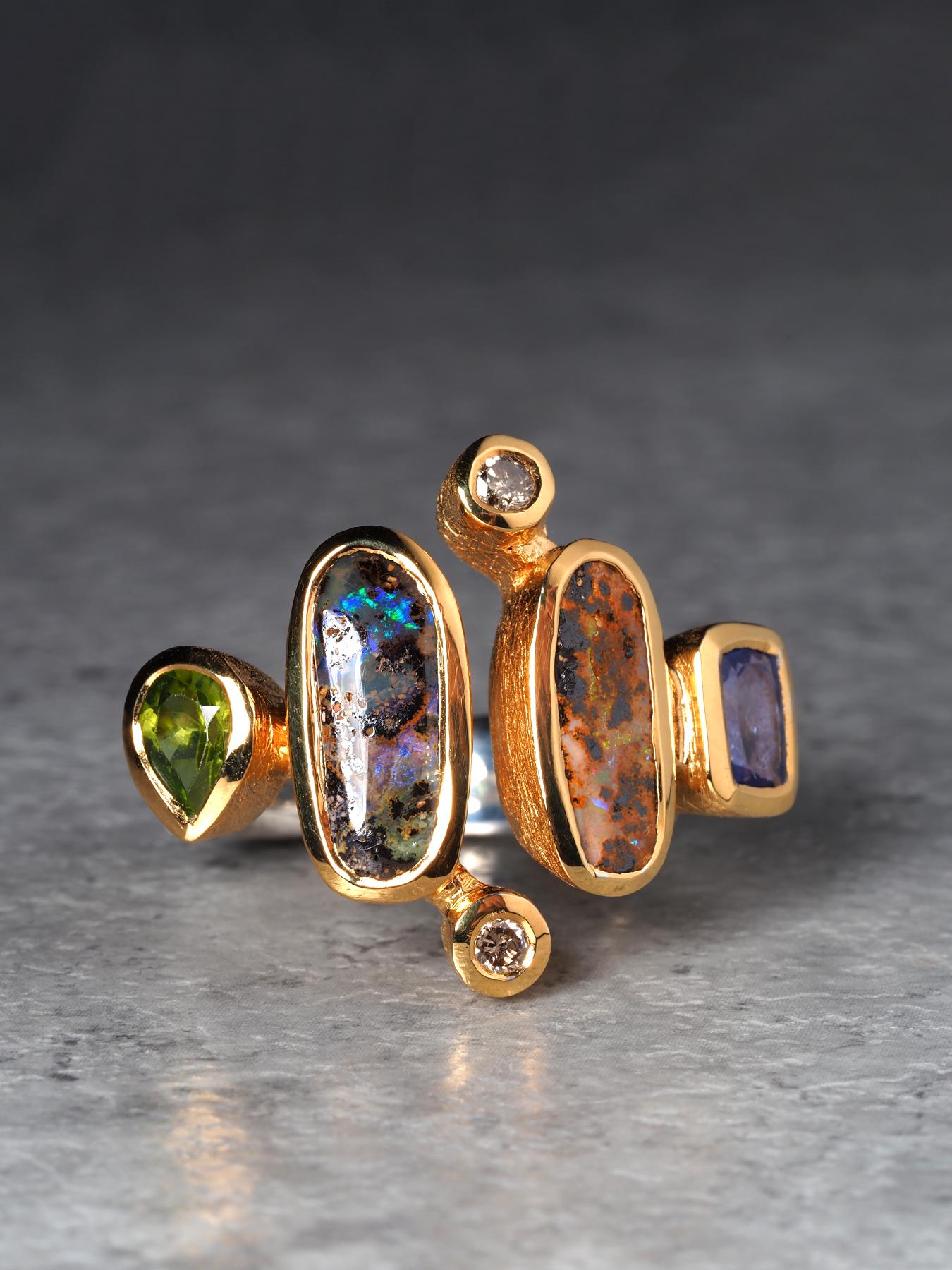 Boulder Opal Peridot Tansanit und Diamant Silber Ring Geschenk (Kunsthandwerker*in) im Angebot