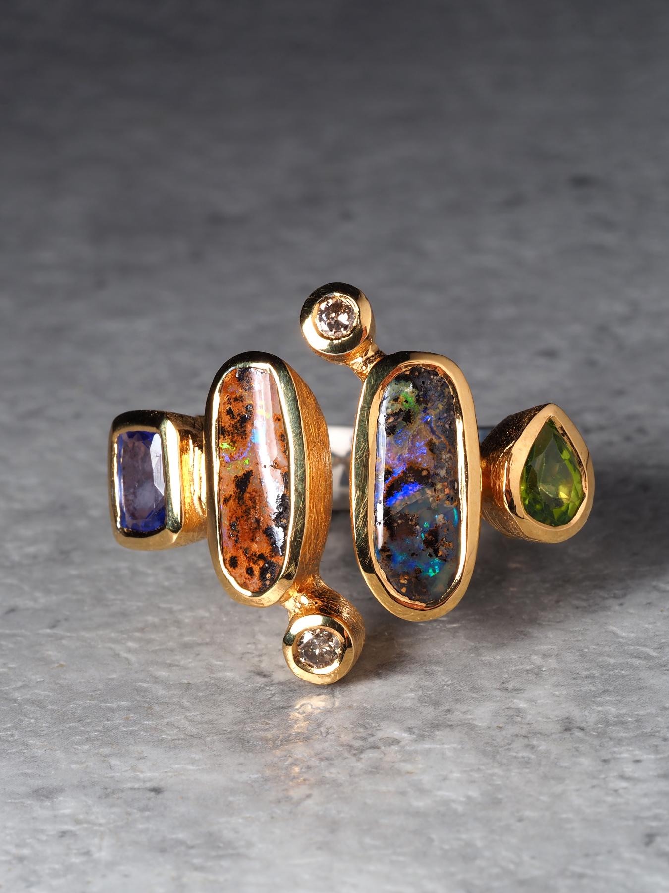 Boulder Opal Peridot Tansanit und Diamant Silber Ring Geschenk (Ovalschliff) im Angebot