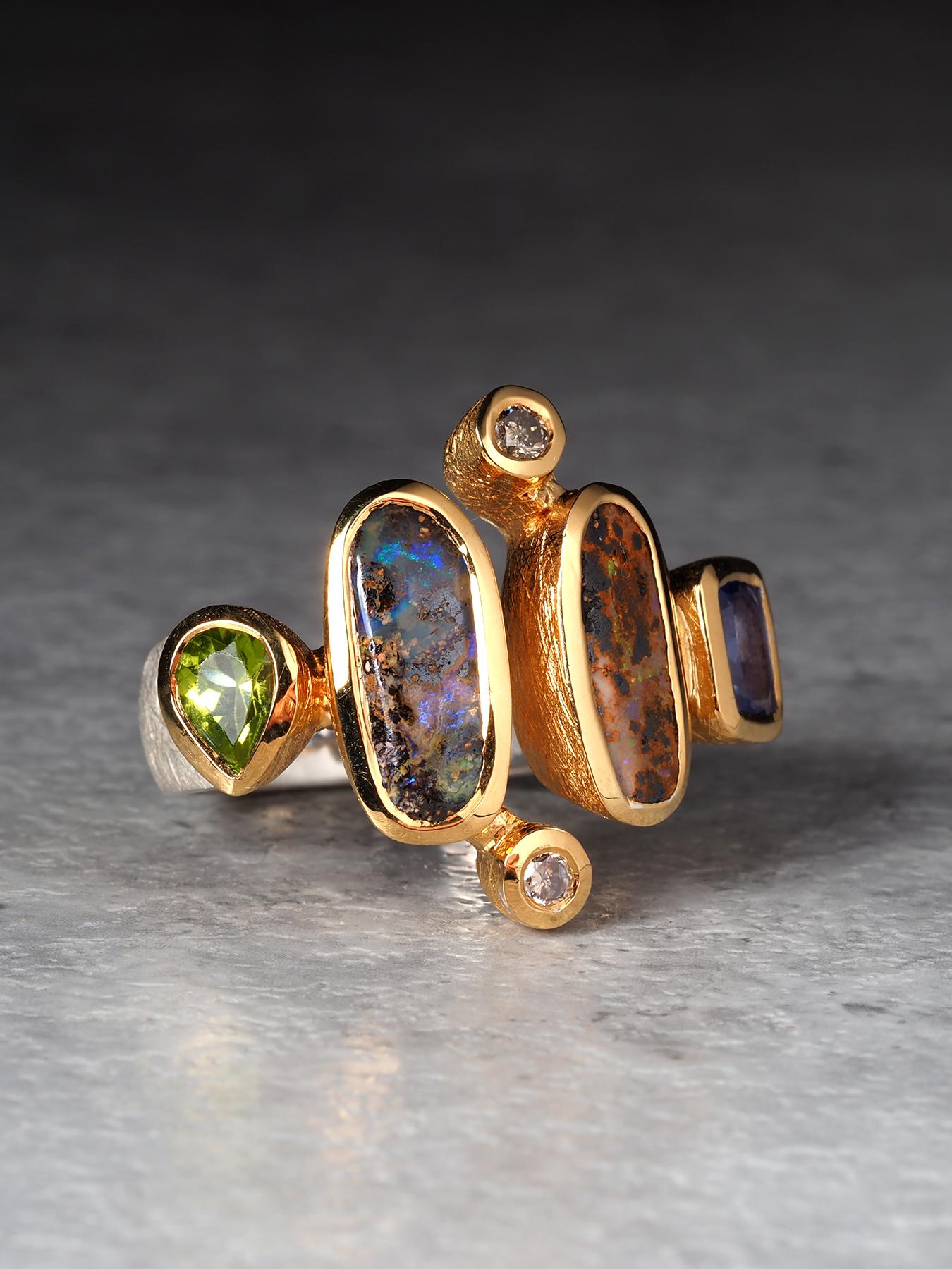 Boulder Opal Peridot Tansanit und Diamant Silber Ring Geschenk im Zustand „Neu“ im Angebot in Berlin, DE
