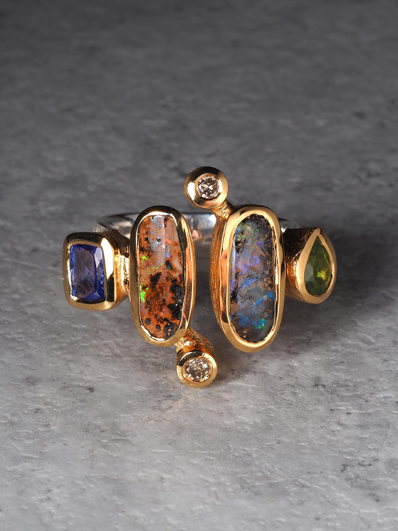 Boulder Opal Peridot Tansanit und Diamant Silber Ring Geschenk für Damen oder Herren im Angebot