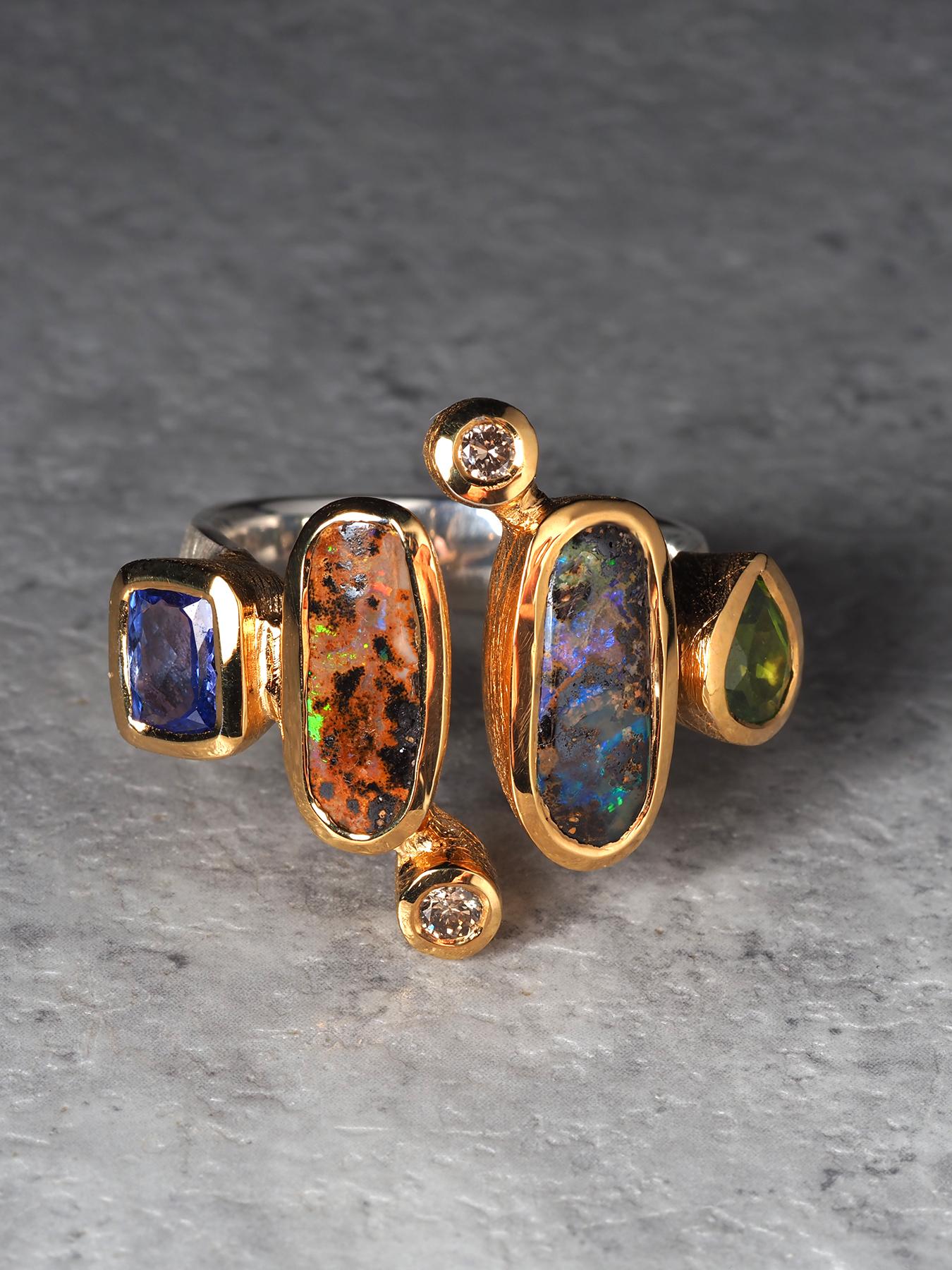 Boulder Opal Peridot Tansanit und Diamant Silber Ring Geschenk im Angebot 1