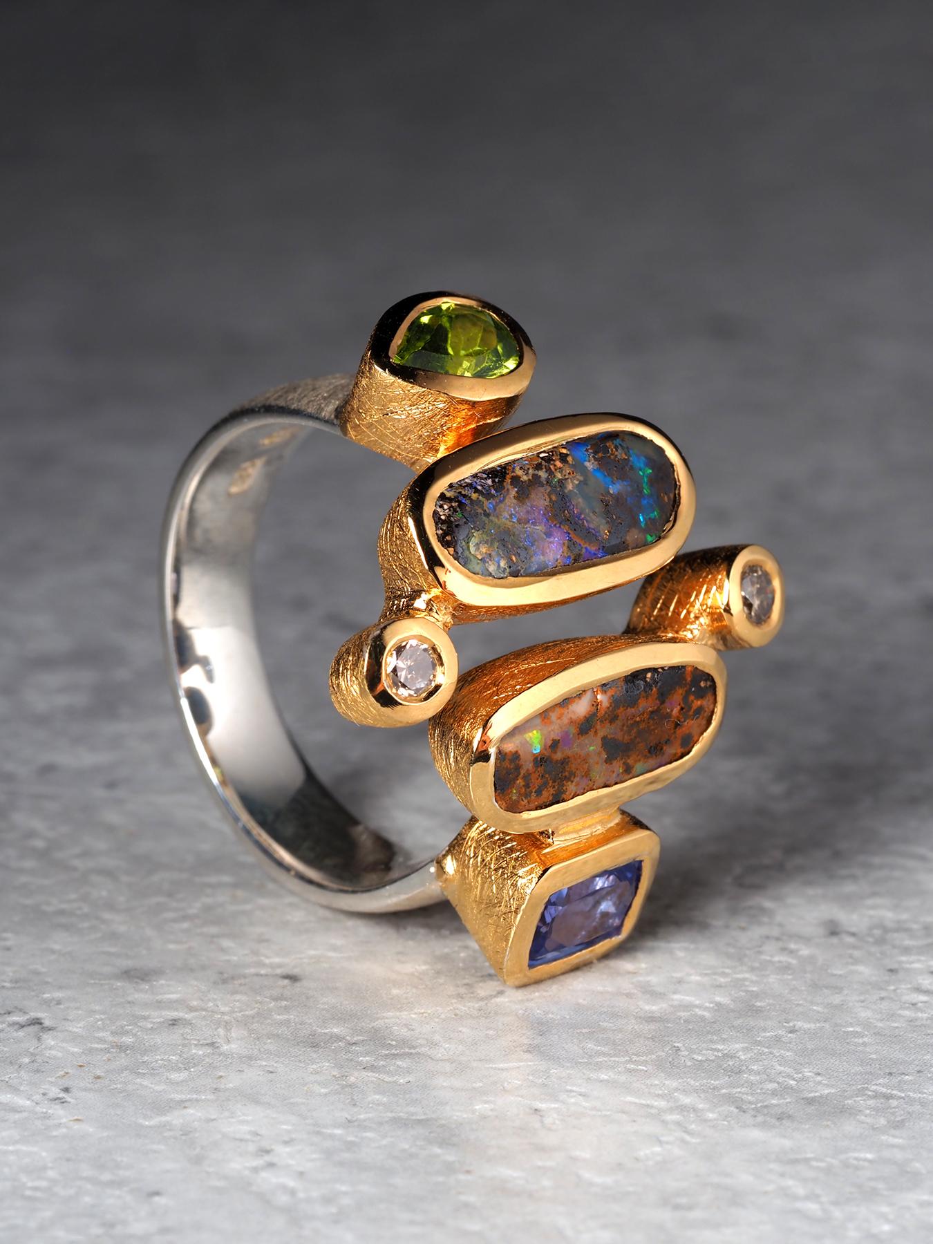 Boulder Opal Peridot Tansanit und Diamant Silber Ring Geschenk im Angebot 2