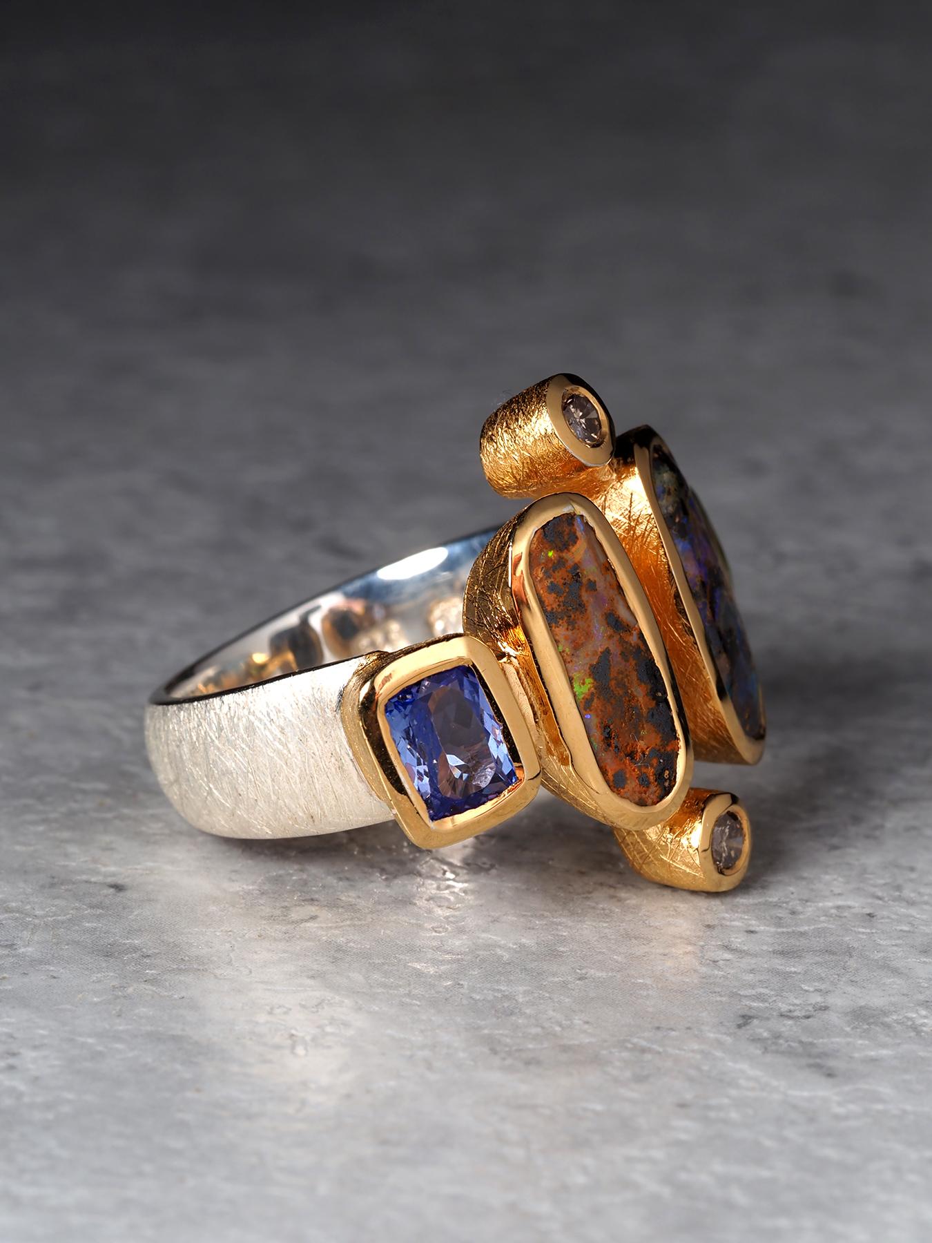 Boulder Opal Peridot Tansanit und Diamant Silber Ring Geschenk im Angebot 3