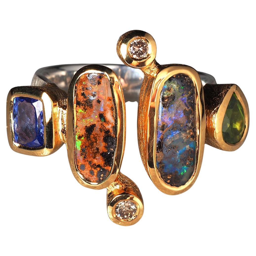 Boulder Opal Peridot Tansanit und Diamant Silber Ring Geschenk