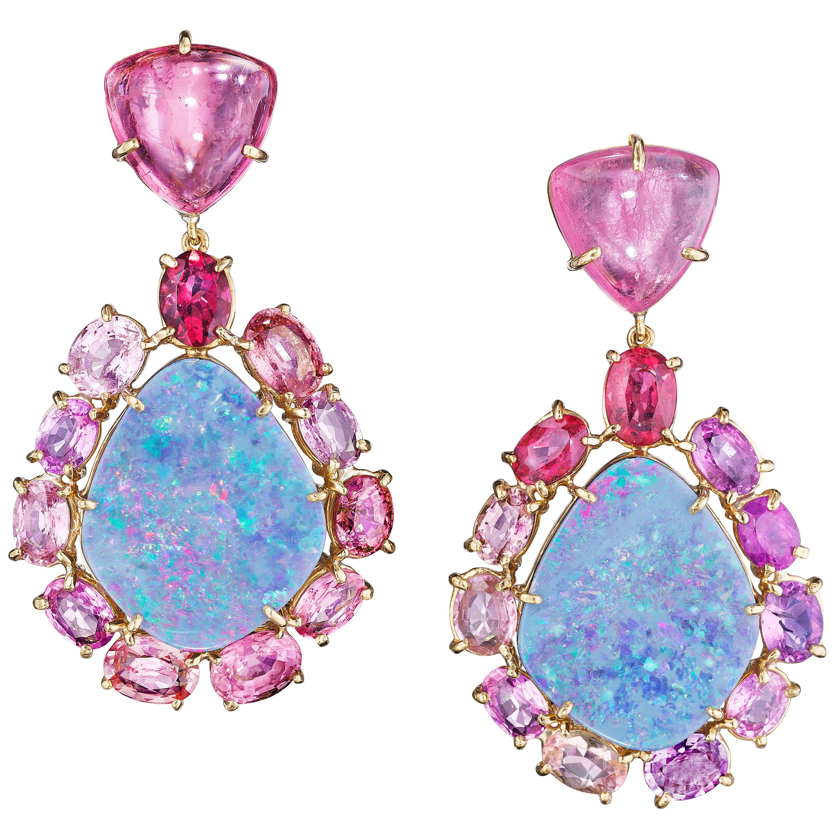 18 Karat Yellow Gold Boulder Opal Pink Sapphire Pink Tourmaline Drop Earrings