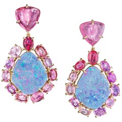 Boucles d'oreilles en goutte en or jaune 18 carats avec opale de roche, saphir rose et tourmaline rose