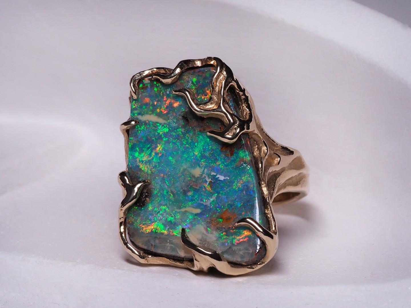 Boulder Opal Ring 14 Carats Gold Art Nouveau Christmas gift Unisex jewelry Mens 4
