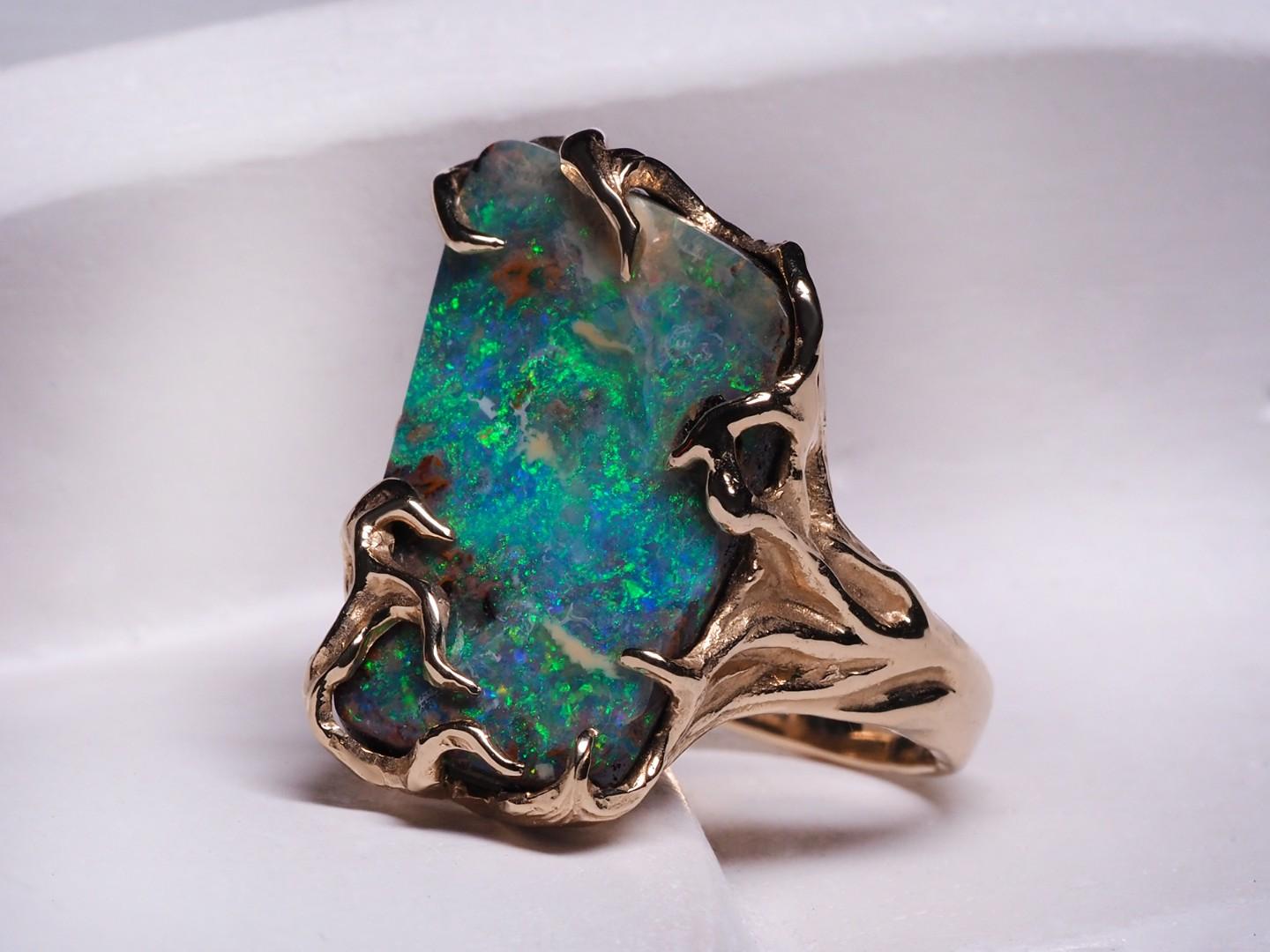 Boulder Opal Ring 14 Carats Gold Art Nouveau Christmas gift Unisex jewelry Mens 5