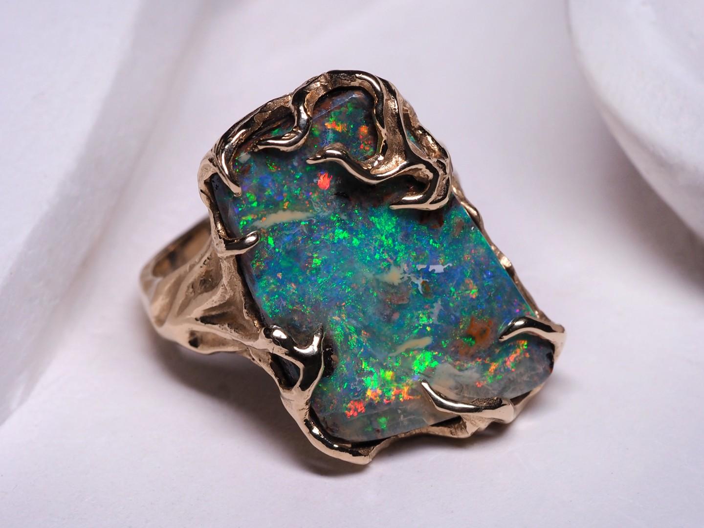 Boulder Opal Ring 14 Carats Gold Art Nouveau Christmas gift Unisex jewelry Mens 6