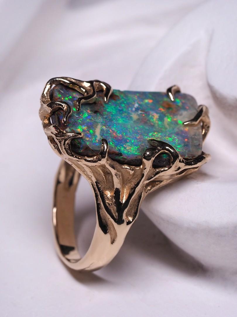Boulder Opal Ring 14 Carats Gold Art Nouveau Christmas gift Unisex jewelry Mens 7