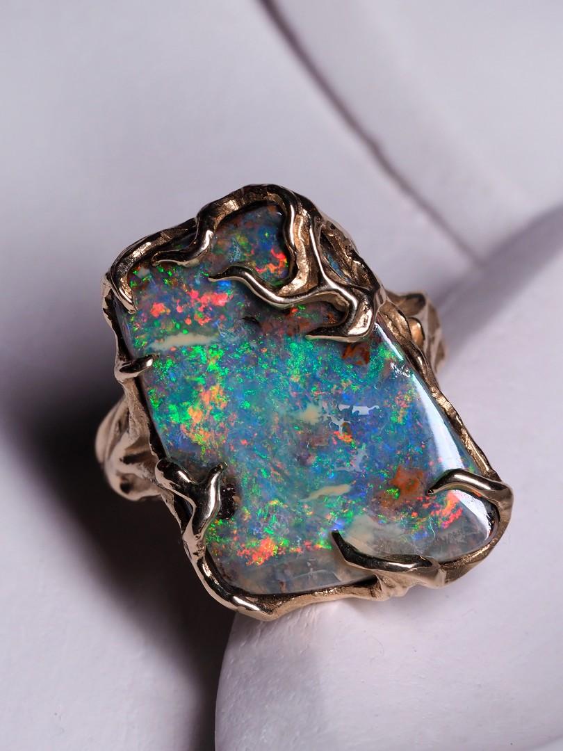 Boulder Opal Ring 14 Carats Gold Art Nouveau Christmas gift Unisex jewelry Mens 8