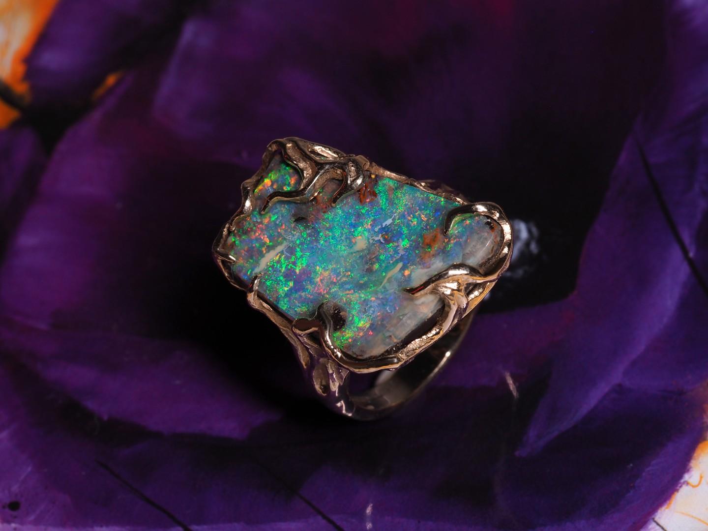 Boulder Opal Ring 14 Carats Gold Art Nouveau Christmas gift Unisex jewelry Mens 3