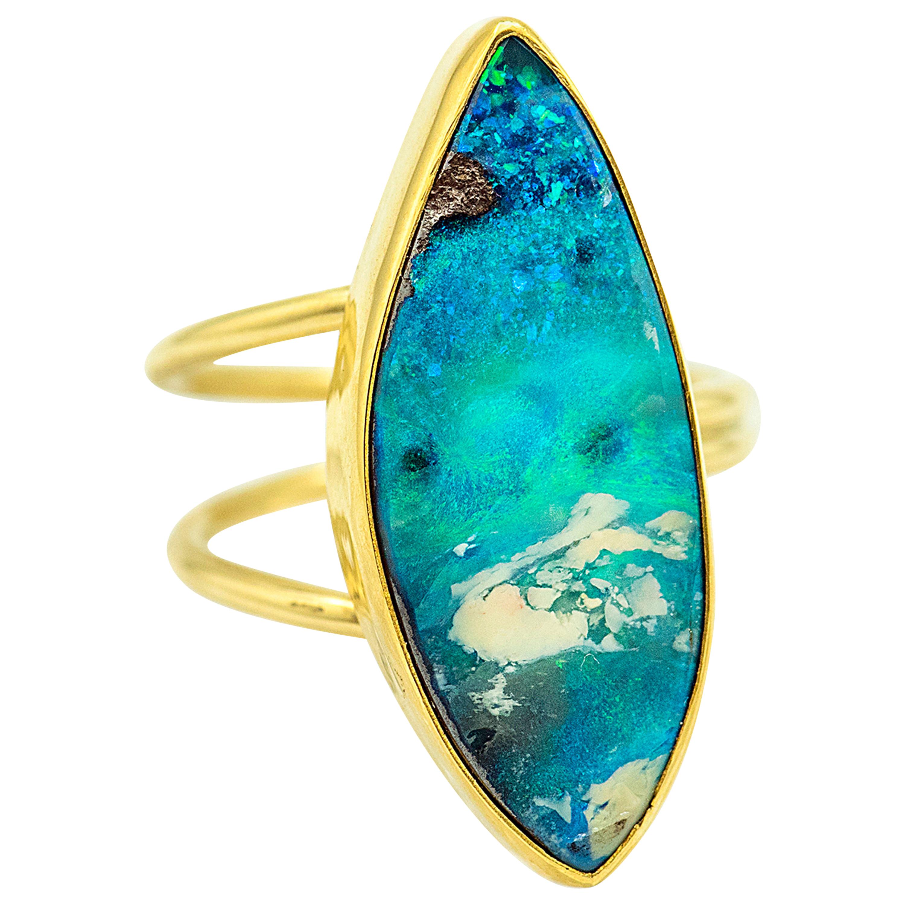 Boulder Opal Ring 22 Karat Gold 18 Karat Gold Aqua Flash For Sale