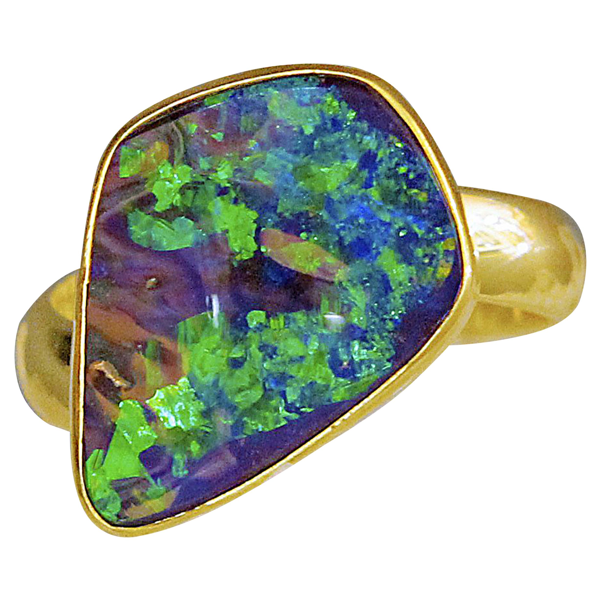 Boulder Opal Ring 22 Karat Gold 18 Karat Gold Band Green Blue Fire For Sale