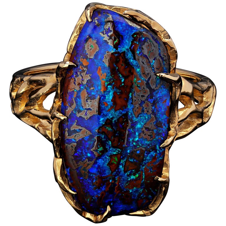 Boulder Opal Ring Gold 14K Gemstone Unisex Jewelry Christmas Gift Mens