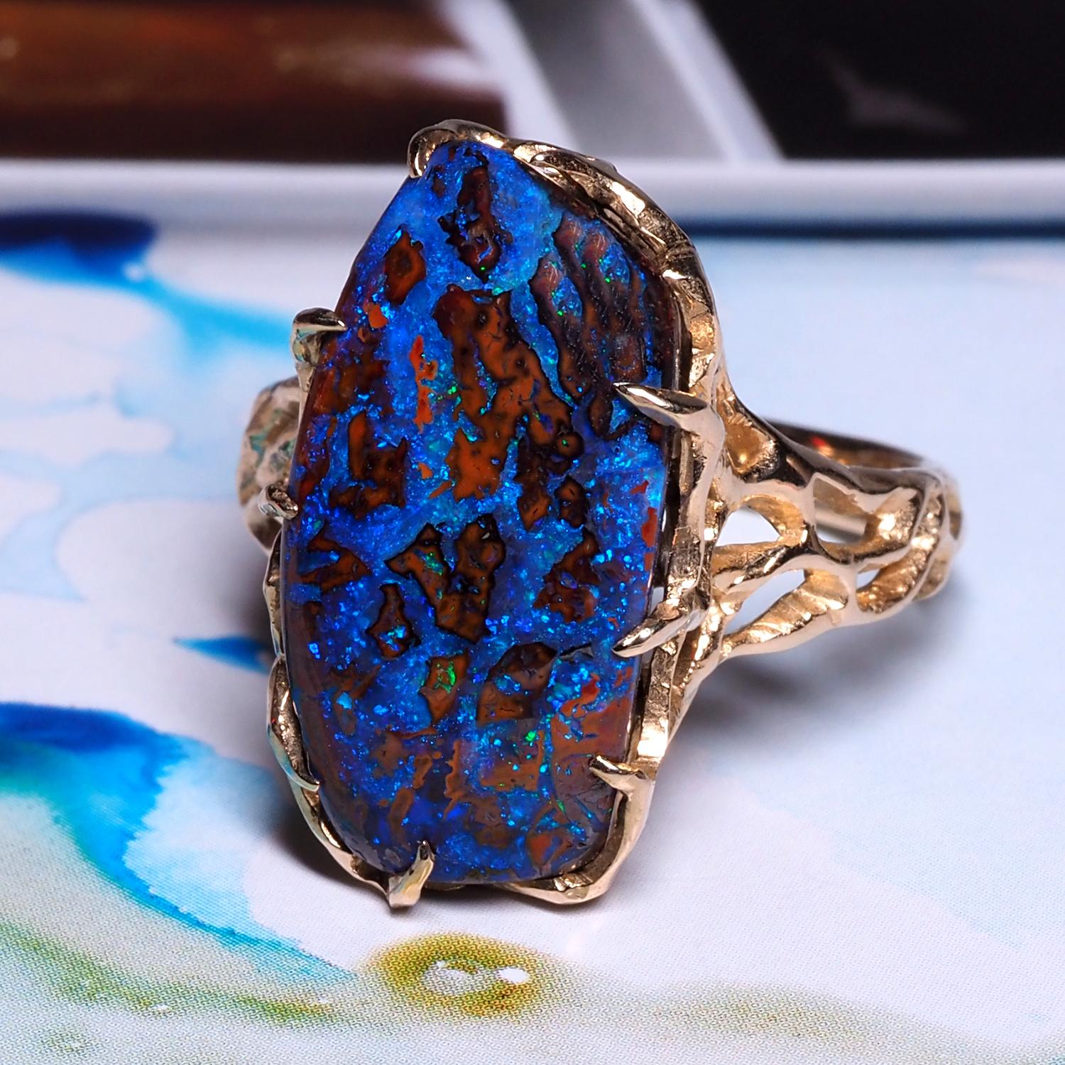 Cabochon Boulder Opal Ring Gold Gem Unisex Jewelry Unique engagement ring For Sale