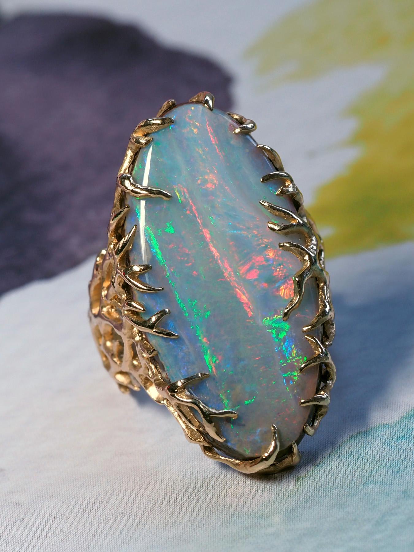 Boulder Opal Ring Gold Statement Art Nouveau Style Mens Ring St Valentine's Gift 6