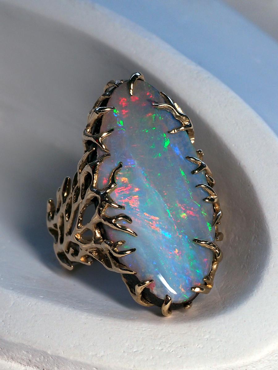 Boulder Opal Ring Gold Statement Art Nouveau style ring large For Sale 3