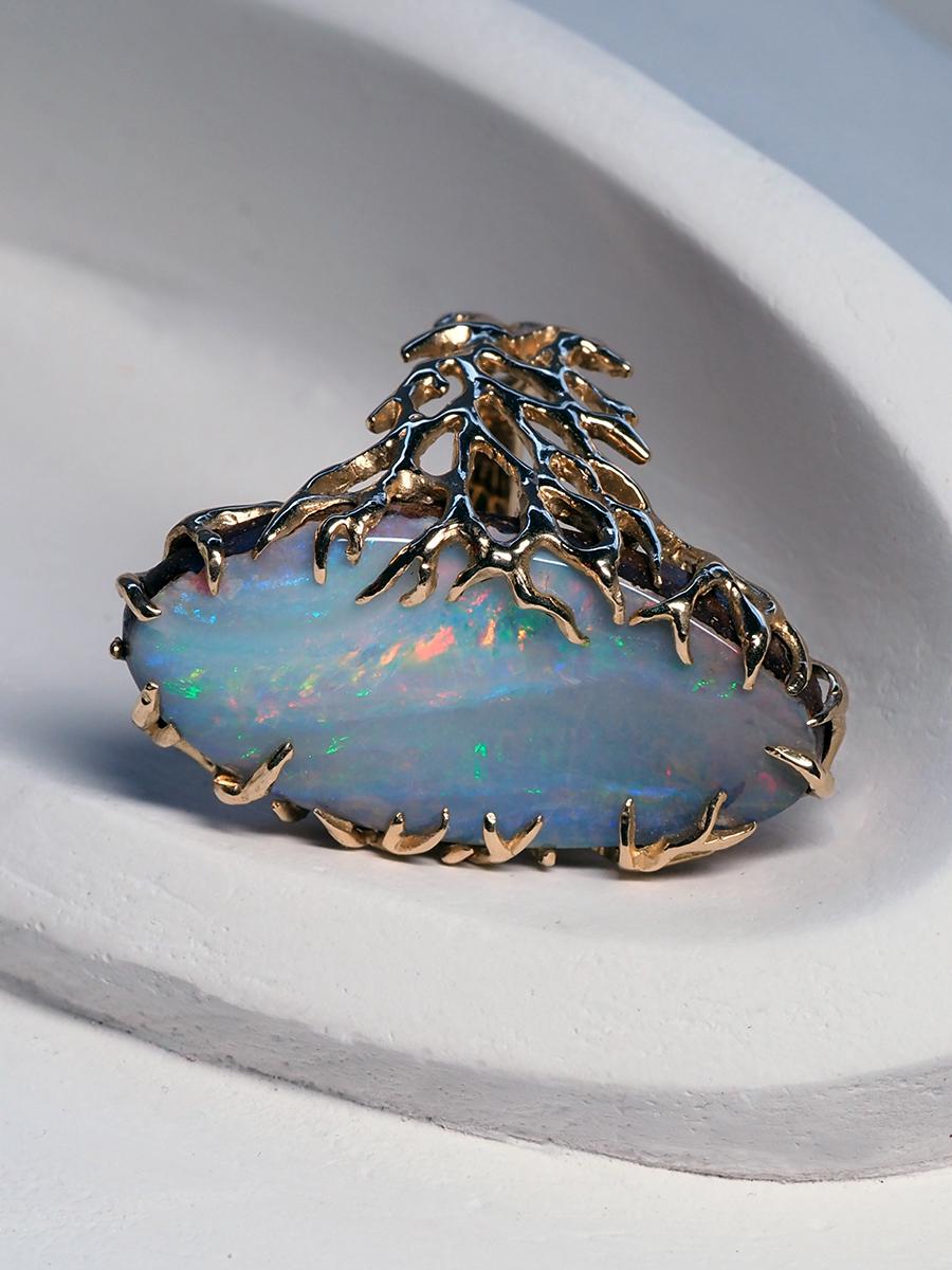 Boulder Opal Ring Gold Statement Art Nouveau style ring large For Sale 4