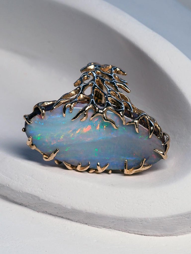 Boulder Opal Ring Gold Statement Art Nouveau style ring large For Sale 7