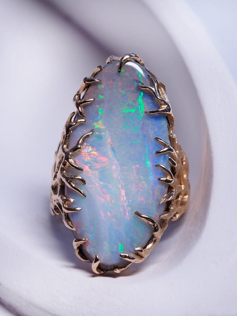 Boulder Opal Ring Gold Statement Art Nouveau style ring large In New Condition For Sale In Berlin, DE