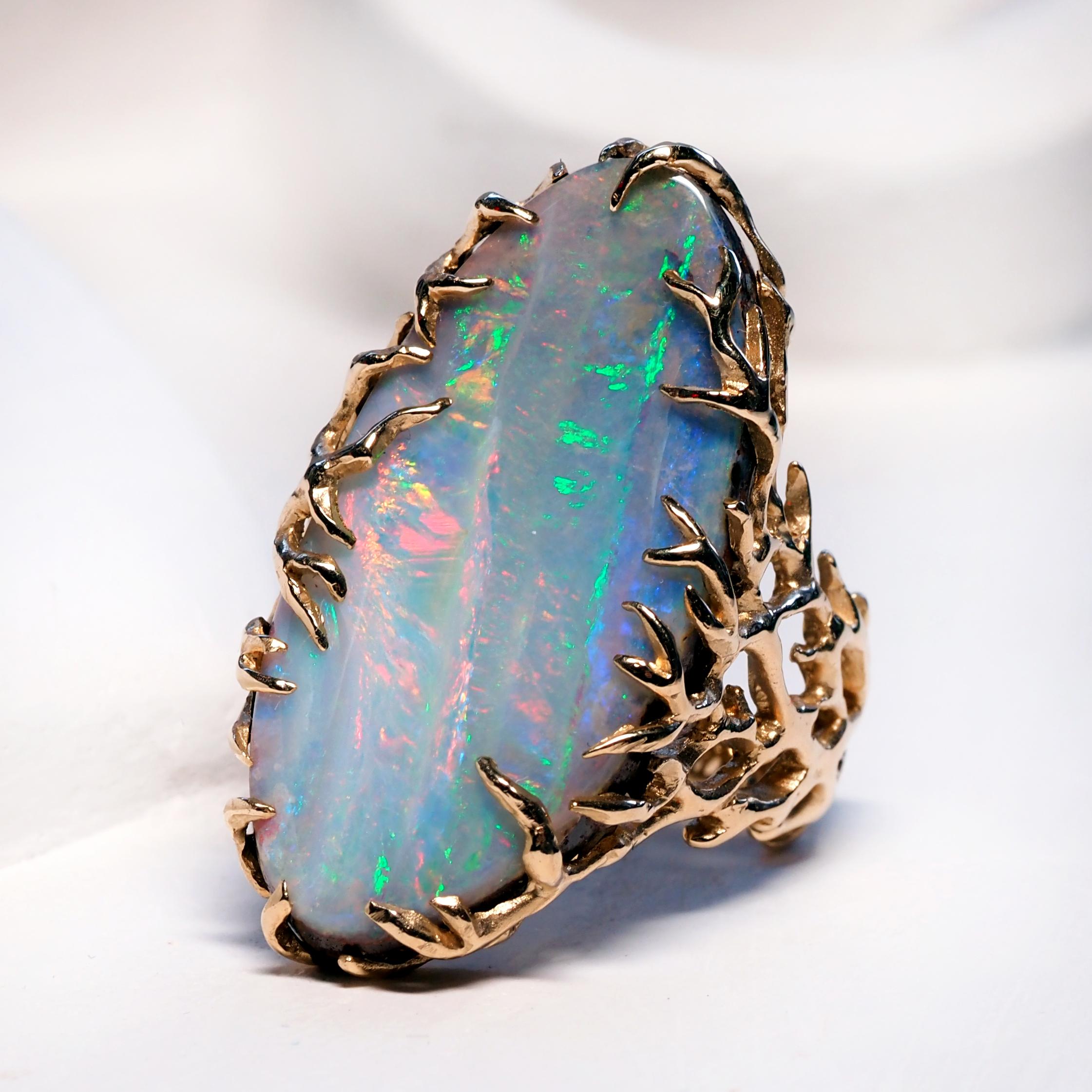Cabochon Boulder Opal Ring Gold Statement Art Nouveau style ring large For Sale