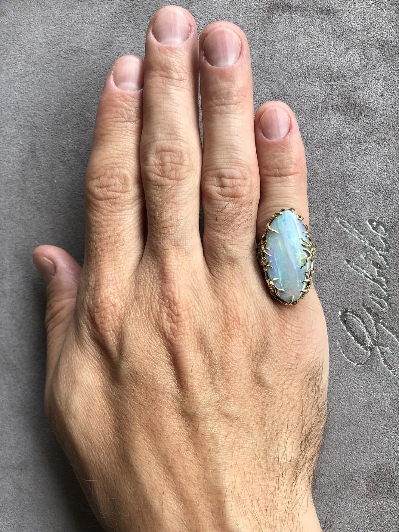 Women's or Men's Boulder Opal Ring Gold Statement Art Nouveau style ring large For Sale