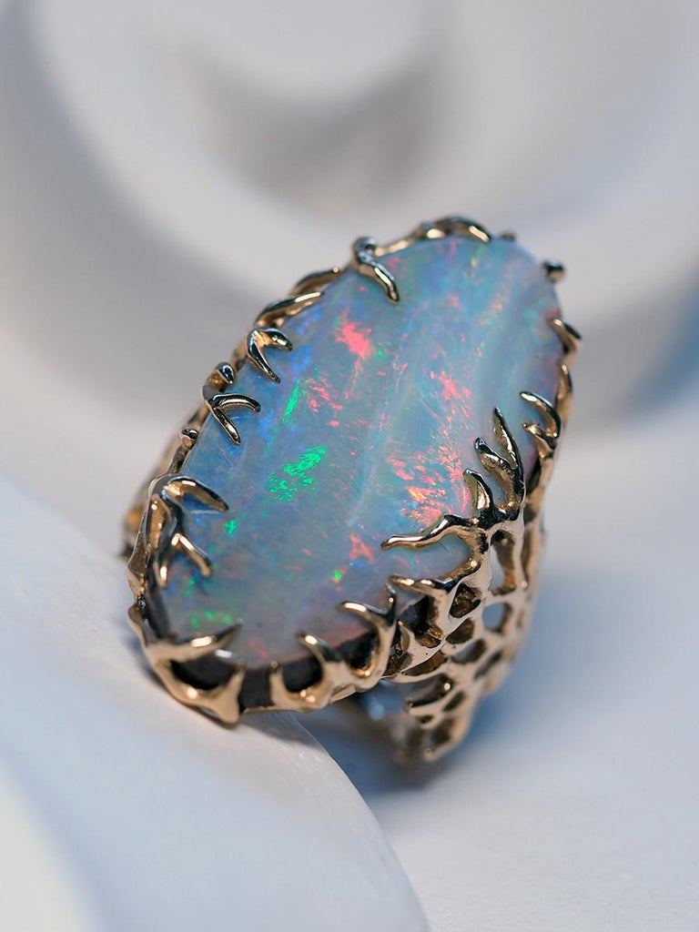Boulder Opal Ring Gold Statement Art Nouveau style ring large For Sale 4