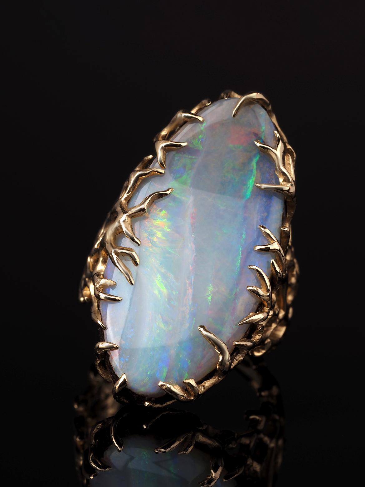 Boulder Opal Ring Gold Statement Art Nouveau style ring large For Sale 3