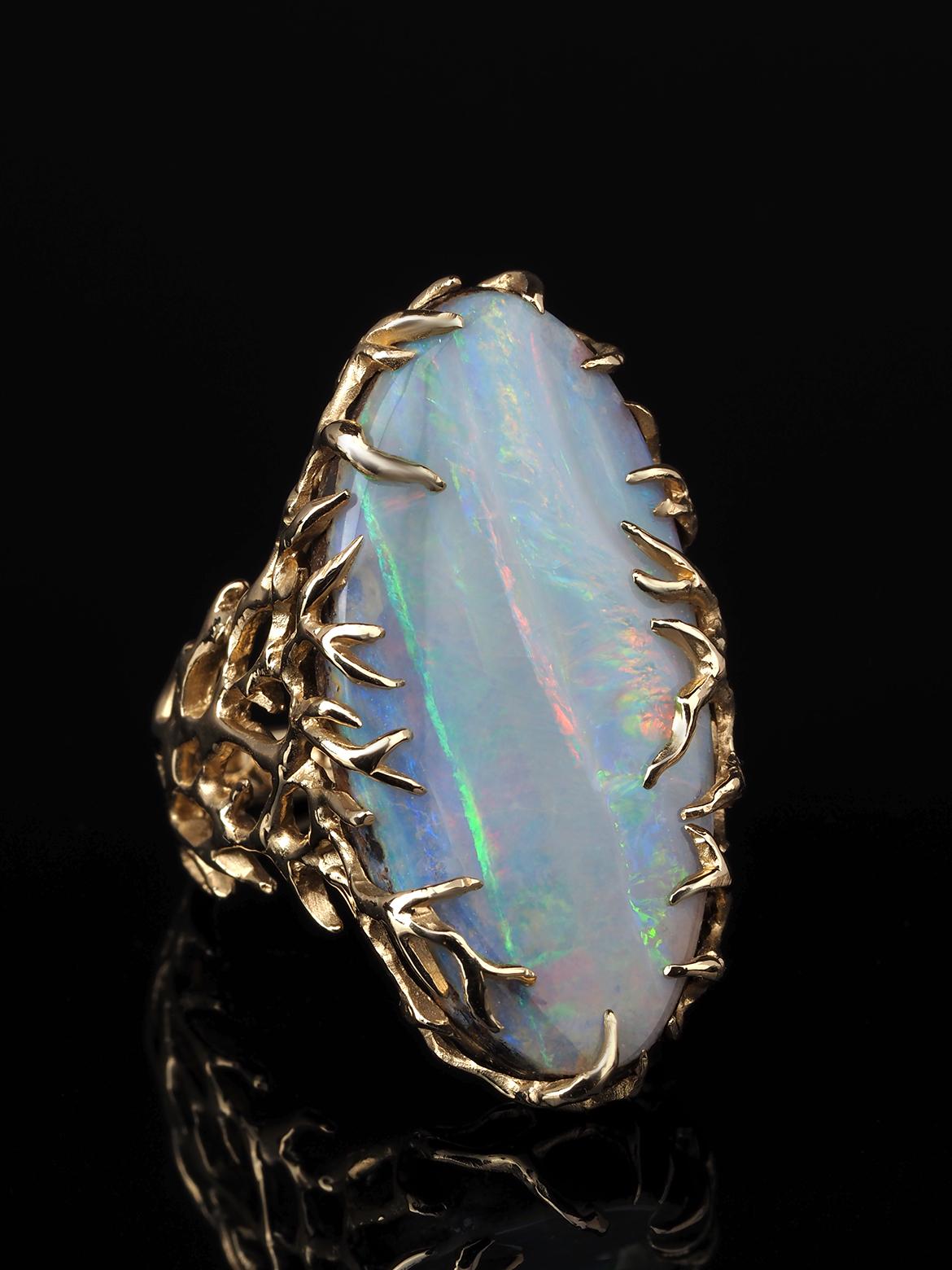 Boulder Opal Ring Gold Statement Art Nouveau style ring large For Sale 4