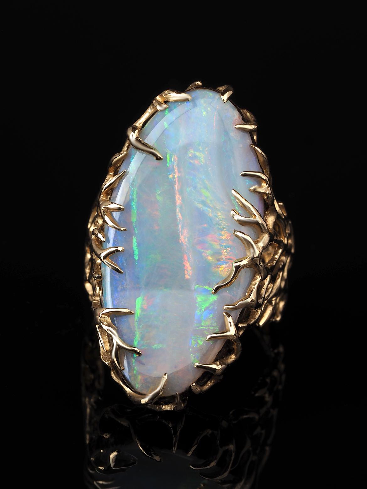 Boulder Opal Ring Gold Statement Art Nouveau style ring large For Sale 5