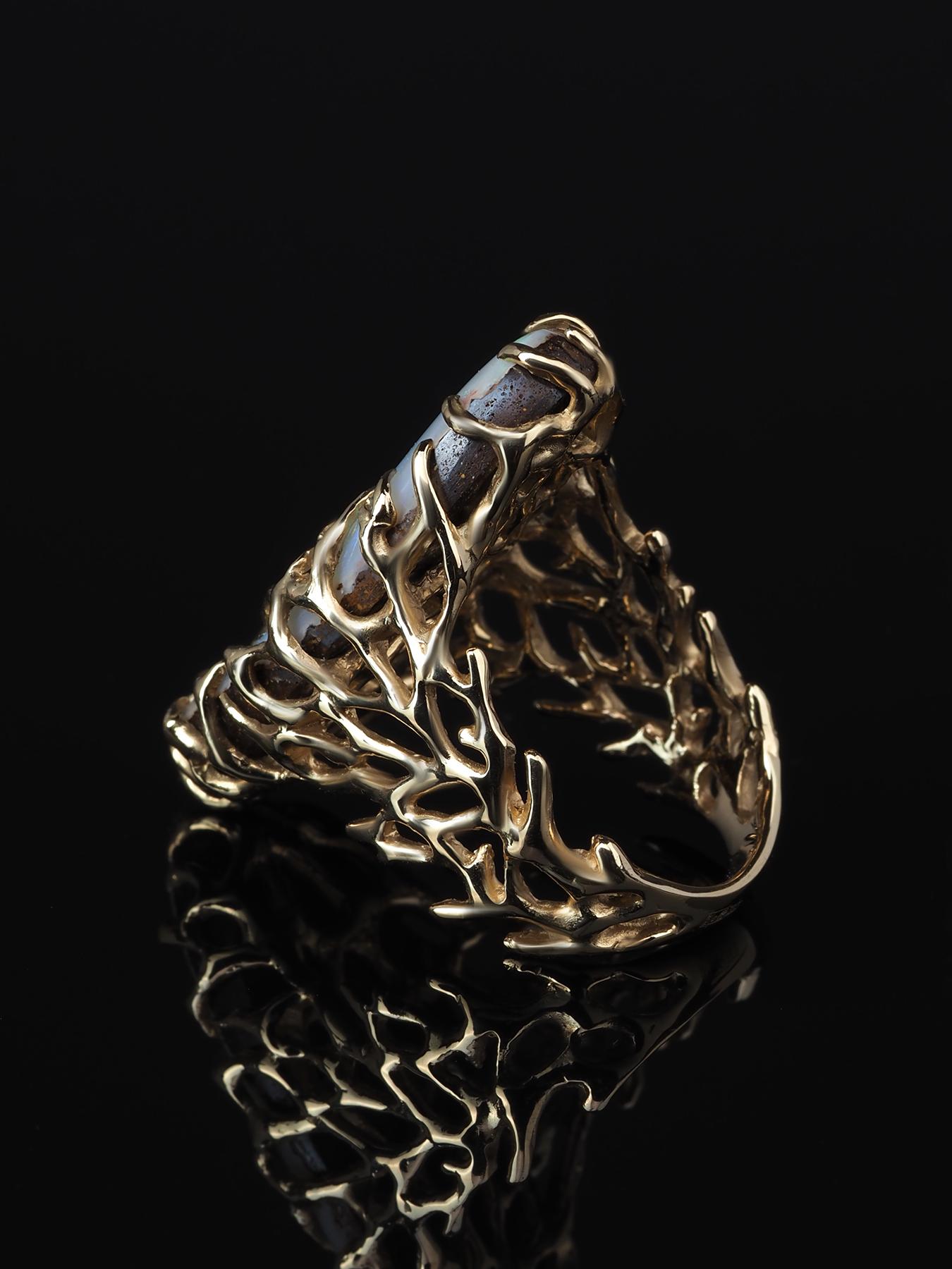 Boulder Opal Ring Gold Statement Art Nouveau style ring large For Sale 6