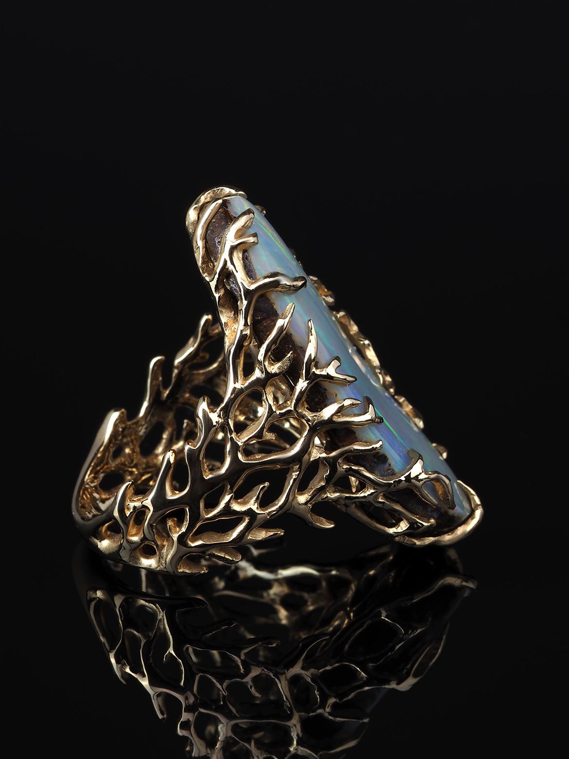 Boulder Opal Ring Gold Statement Art Nouveau style ring large For Sale 8