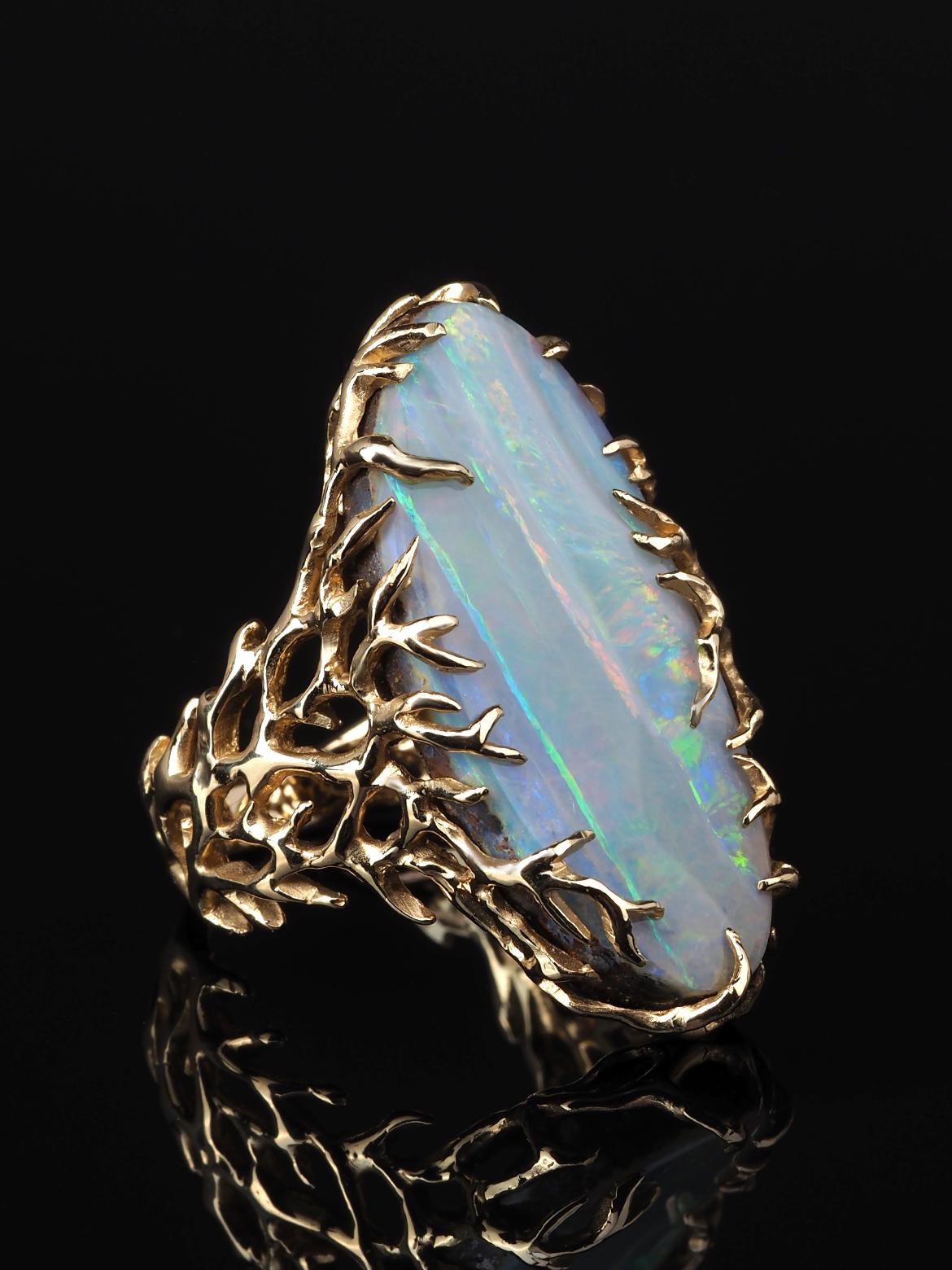 Boulder Opal Ring Gold Statement Art Nouveau style ring large For Sale 9