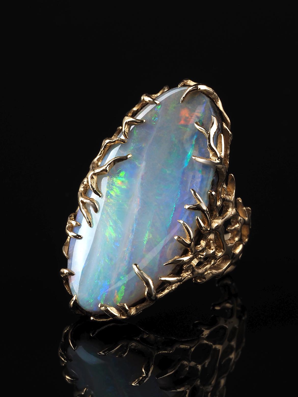 Boulder Opal Ring Gold Statement Art Nouveau style ring large For Sale 11