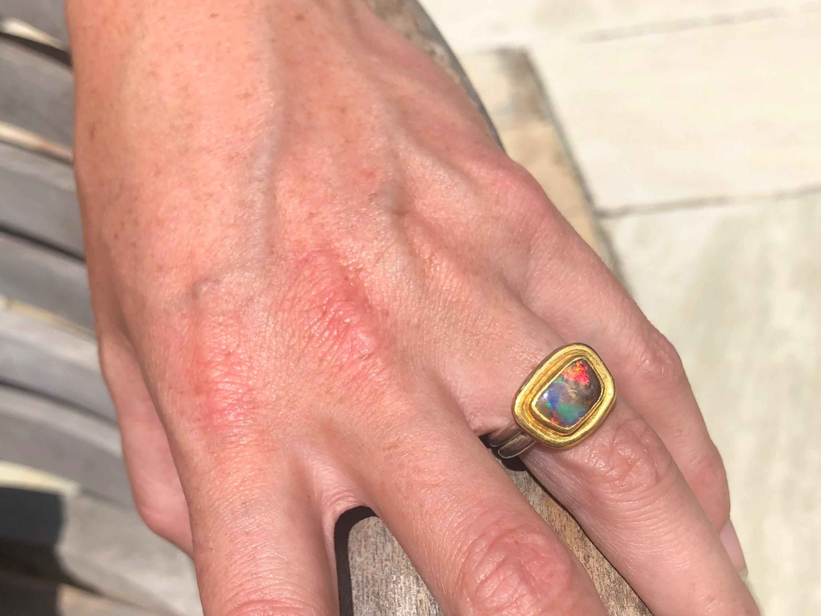 Artisan Boulder Opal Ring in 22 Karat Yellow Gold and Silver