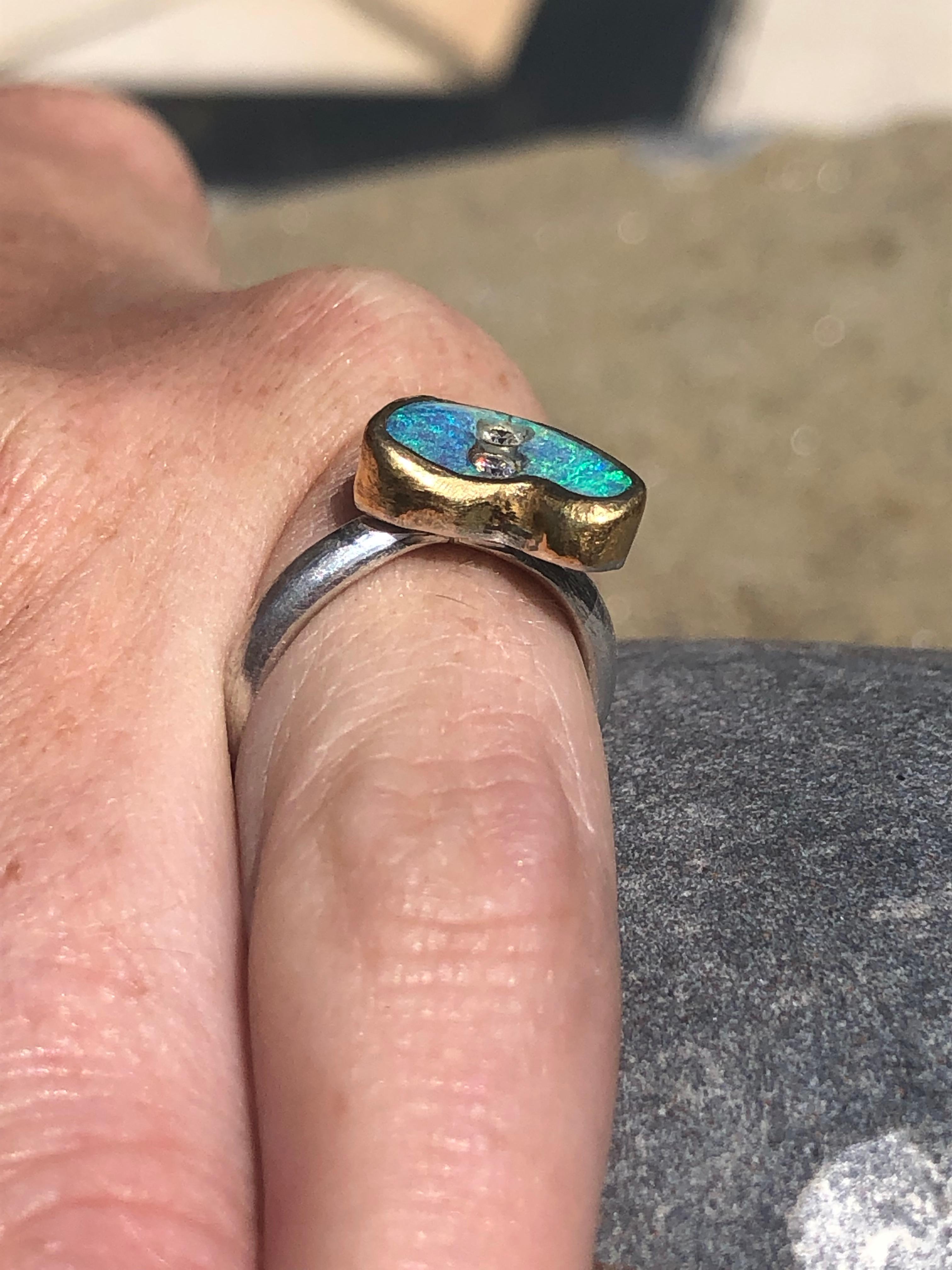 Diamond and Boulder Opal Ring in 22 Karat Yellow Gold and Silver In New Condition In Devon, GB