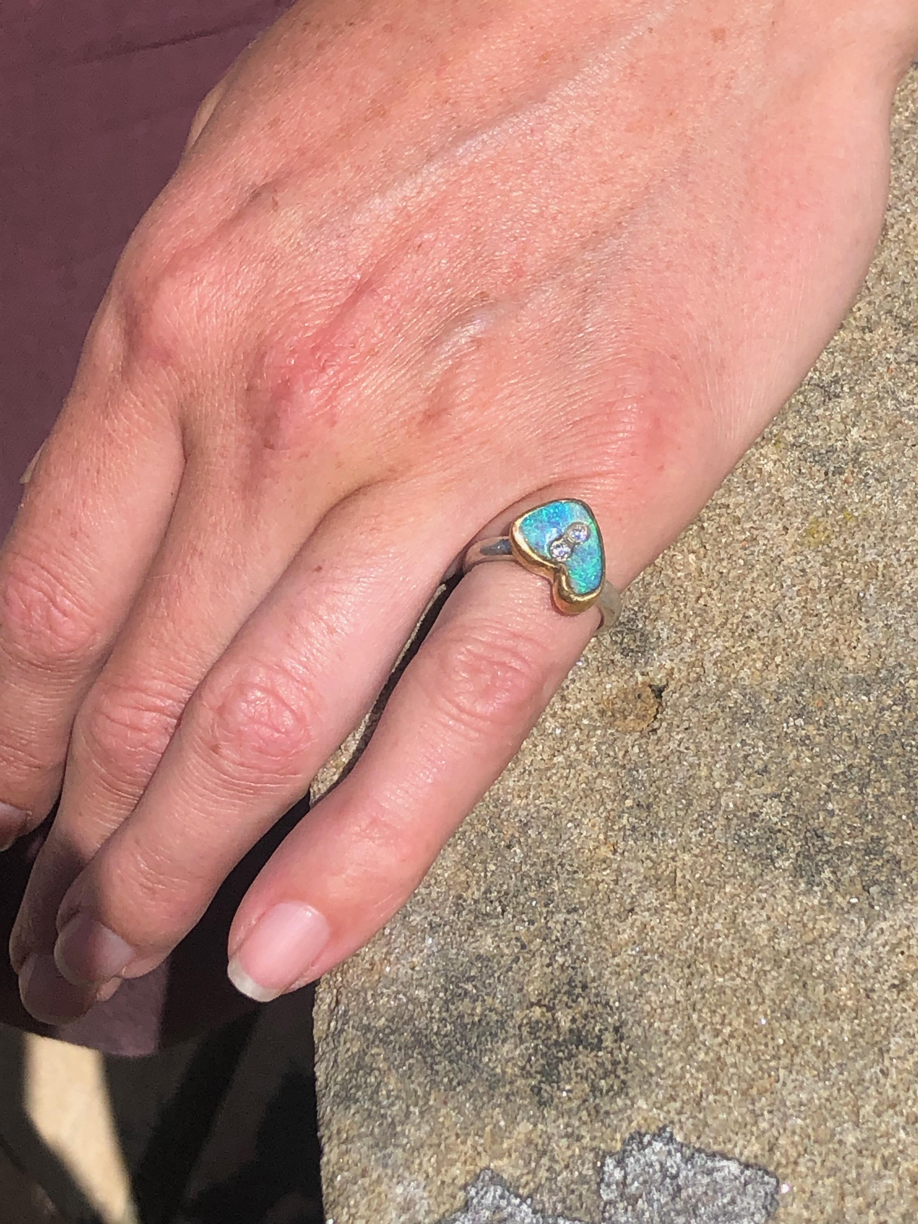 Women's Diamond and Boulder Opal Ring in 22 Karat Yellow Gold and Silver
