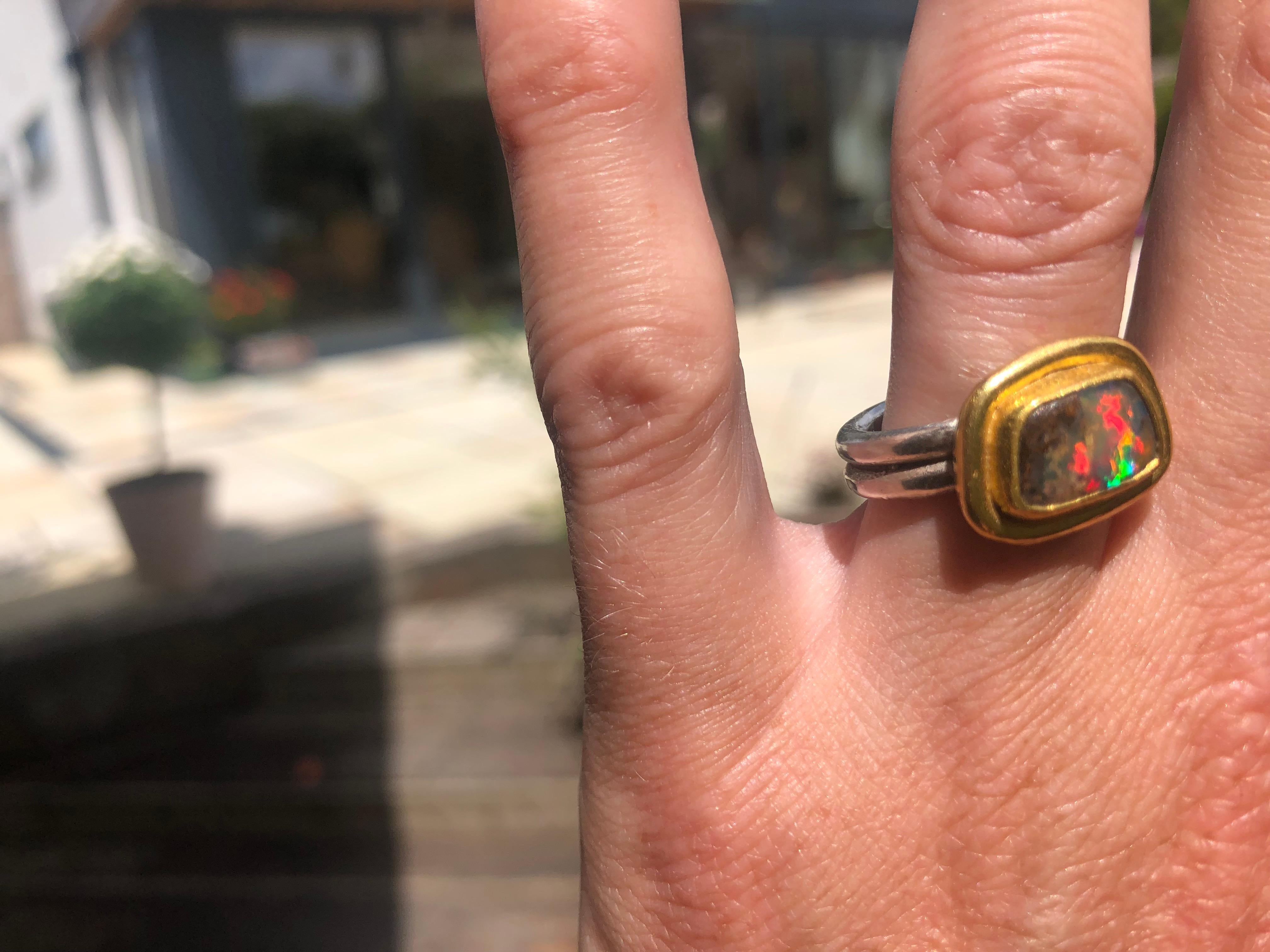 Women's Boulder Opal Ring in 22 Karat Yellow Gold and Silver