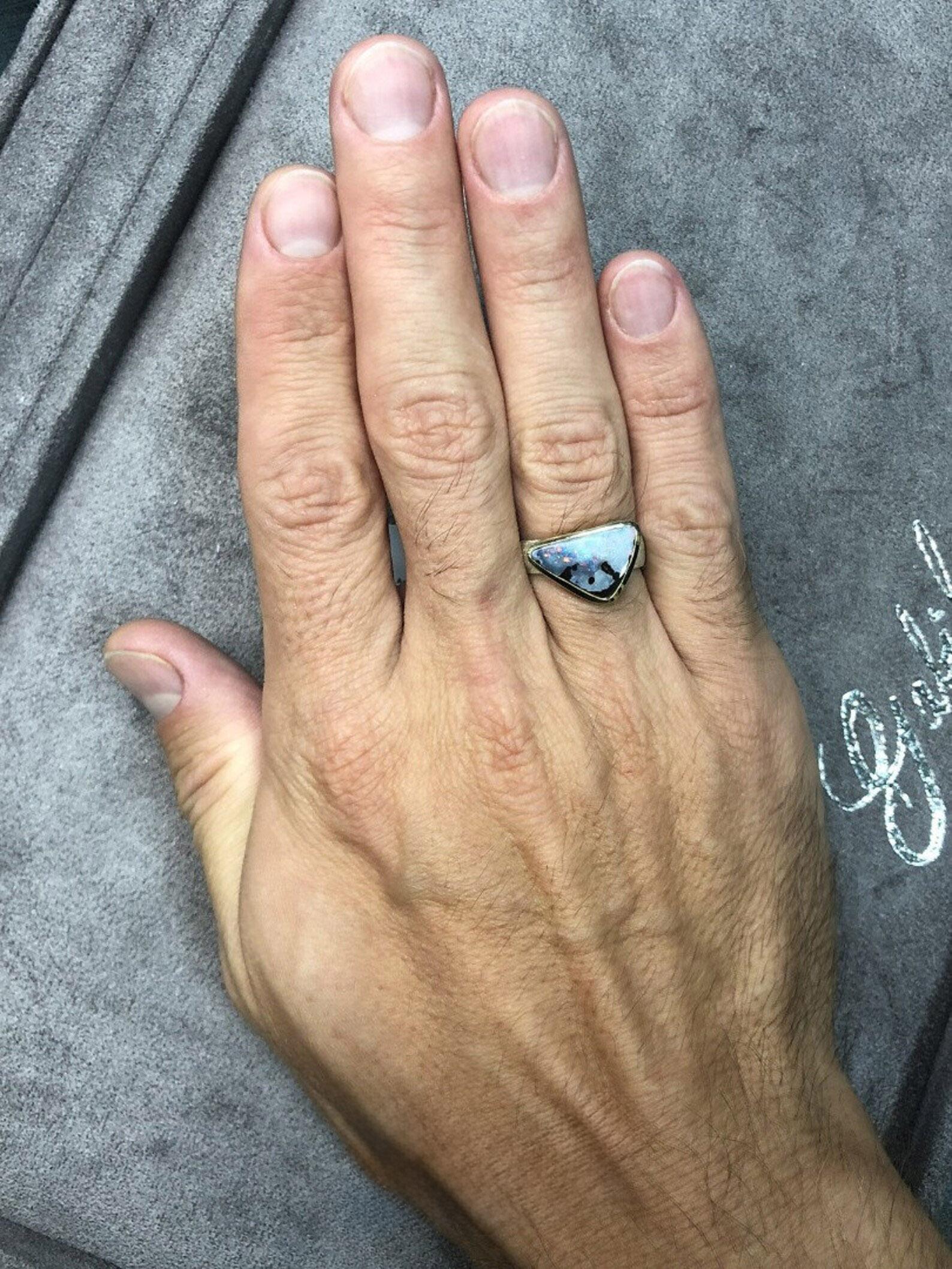 Artisan Boulder Opal ring silver large 8.5 US size gold Vintage ring natural gemstone For Sale