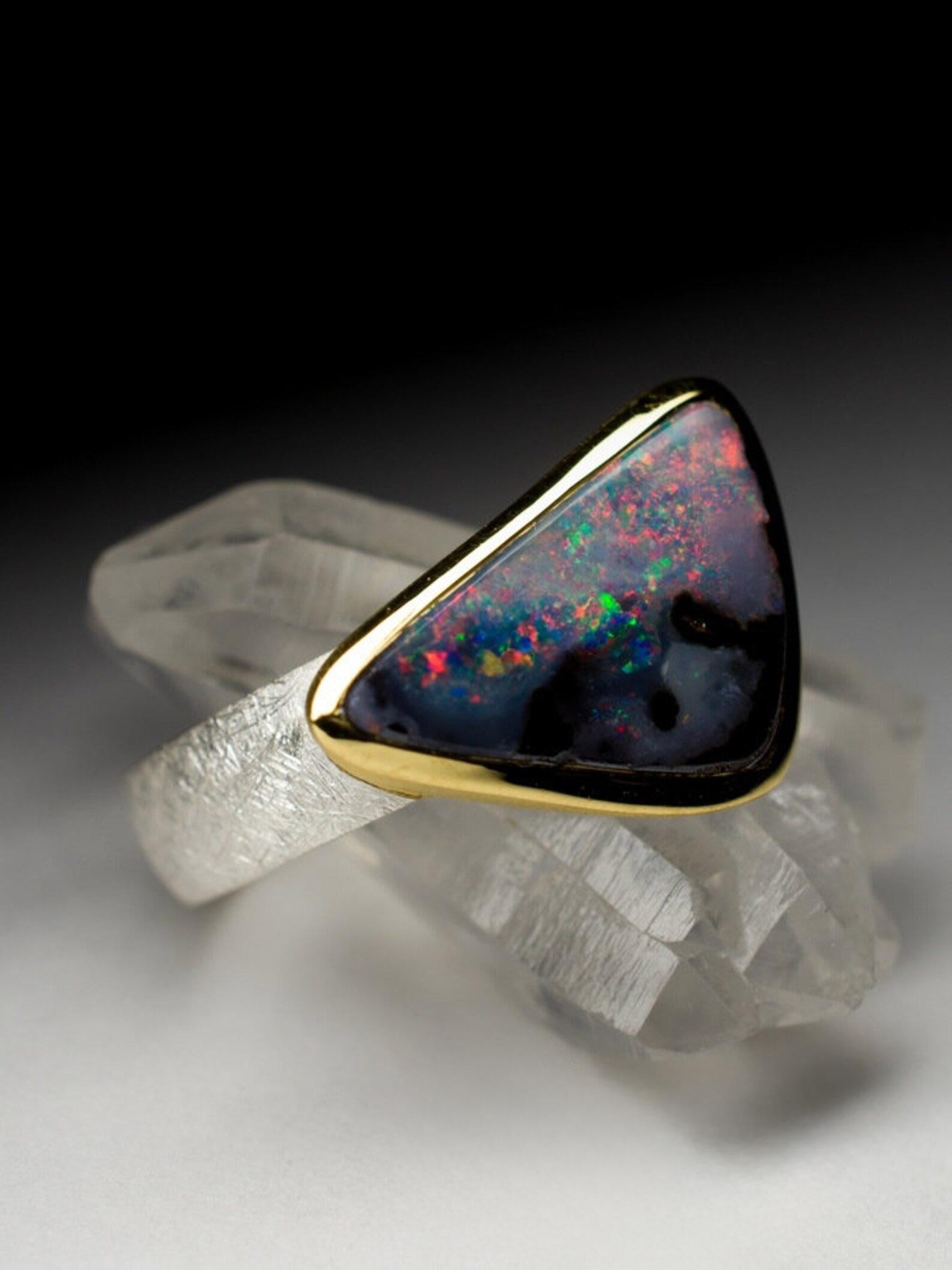 Boulder Opal ring silver large 8.5 US size gold Vintage ring natural gemstone In New Condition For Sale In Berlin, DE