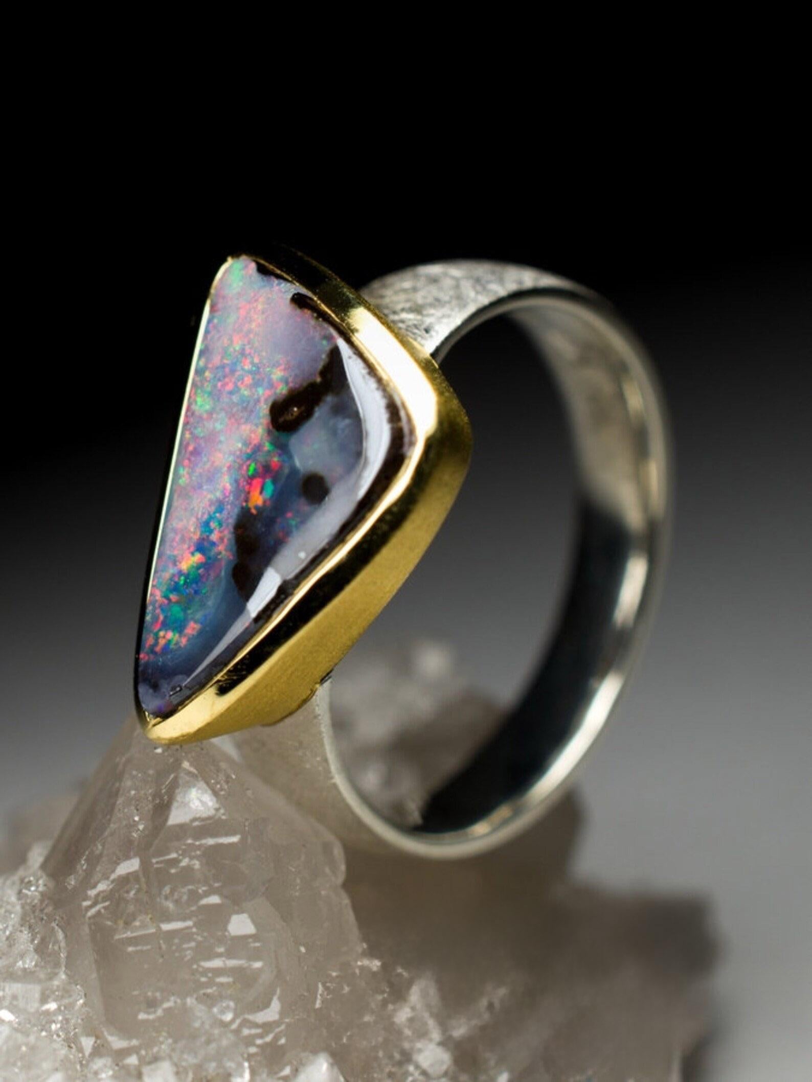 Boulder Opal ring silver large 8.5 US size gold Vintage ring natural gemstone For Sale 3